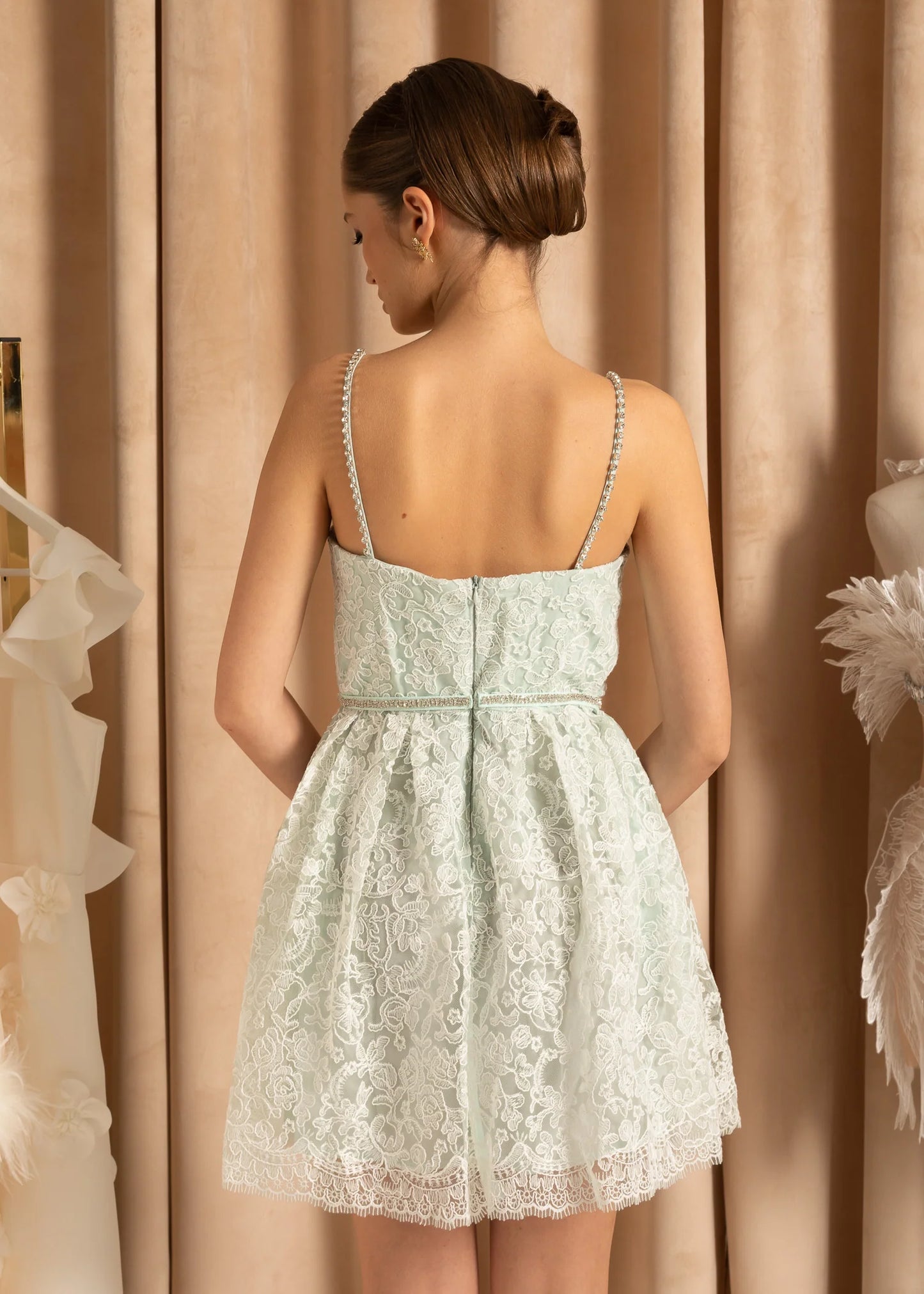 Lace Mini Dress With Floral Pattern Skirt And Sparkling Spaghetti Straps - Turquoise