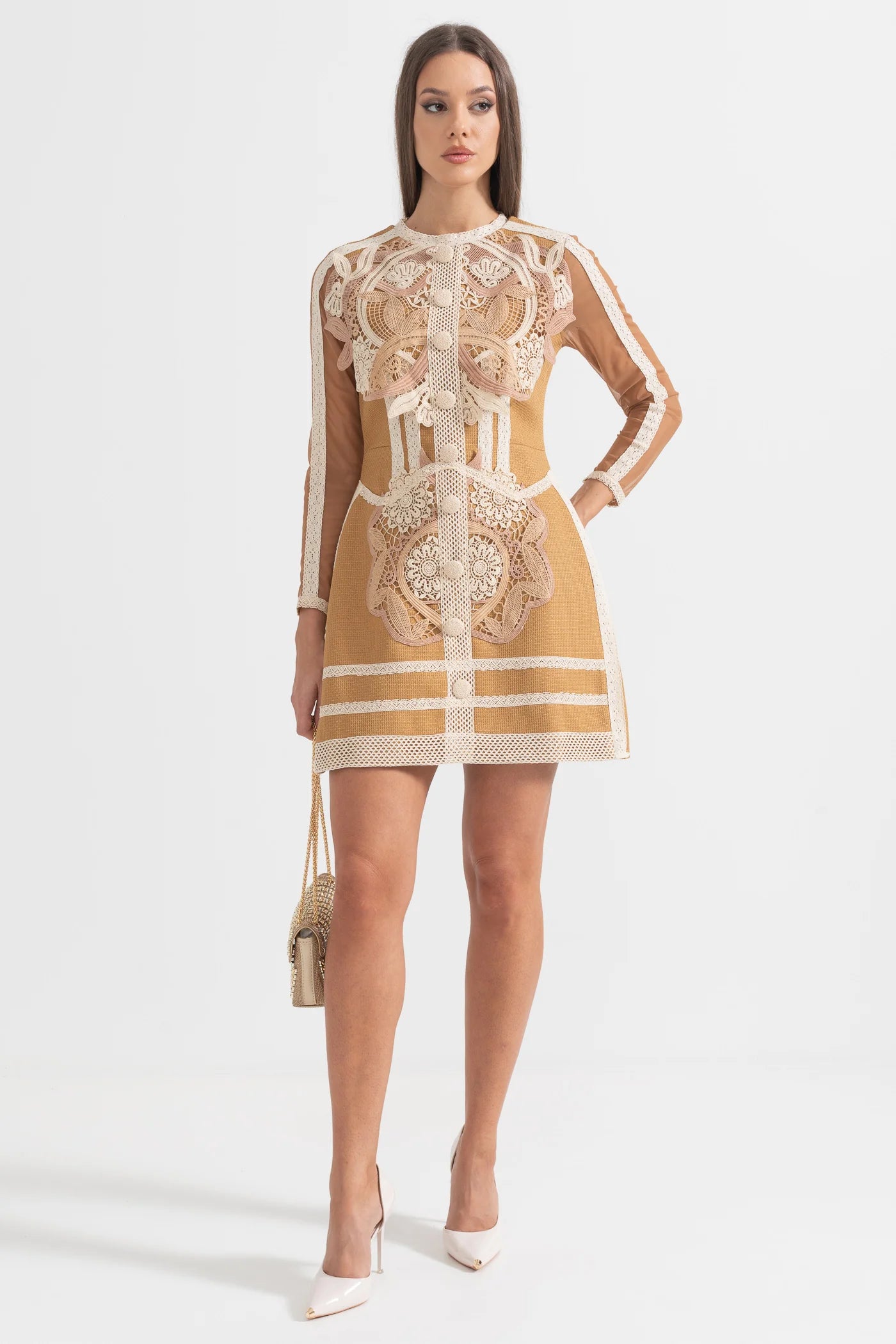 Layered Lace Mini Dress With Fitted Silhouette - Brown/Beige