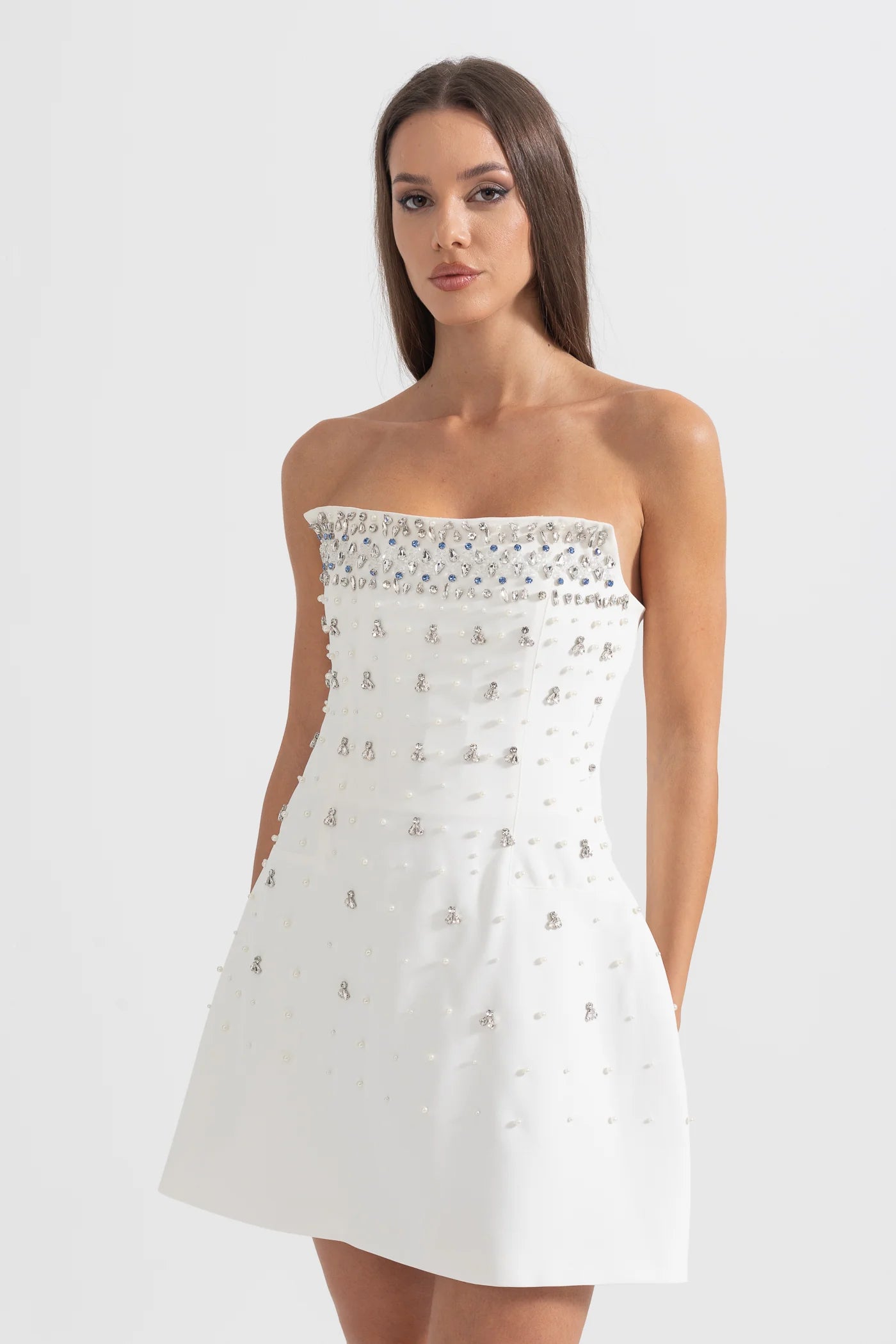 Mini Sleeveless Dress with Shimmering Crystal Details - White