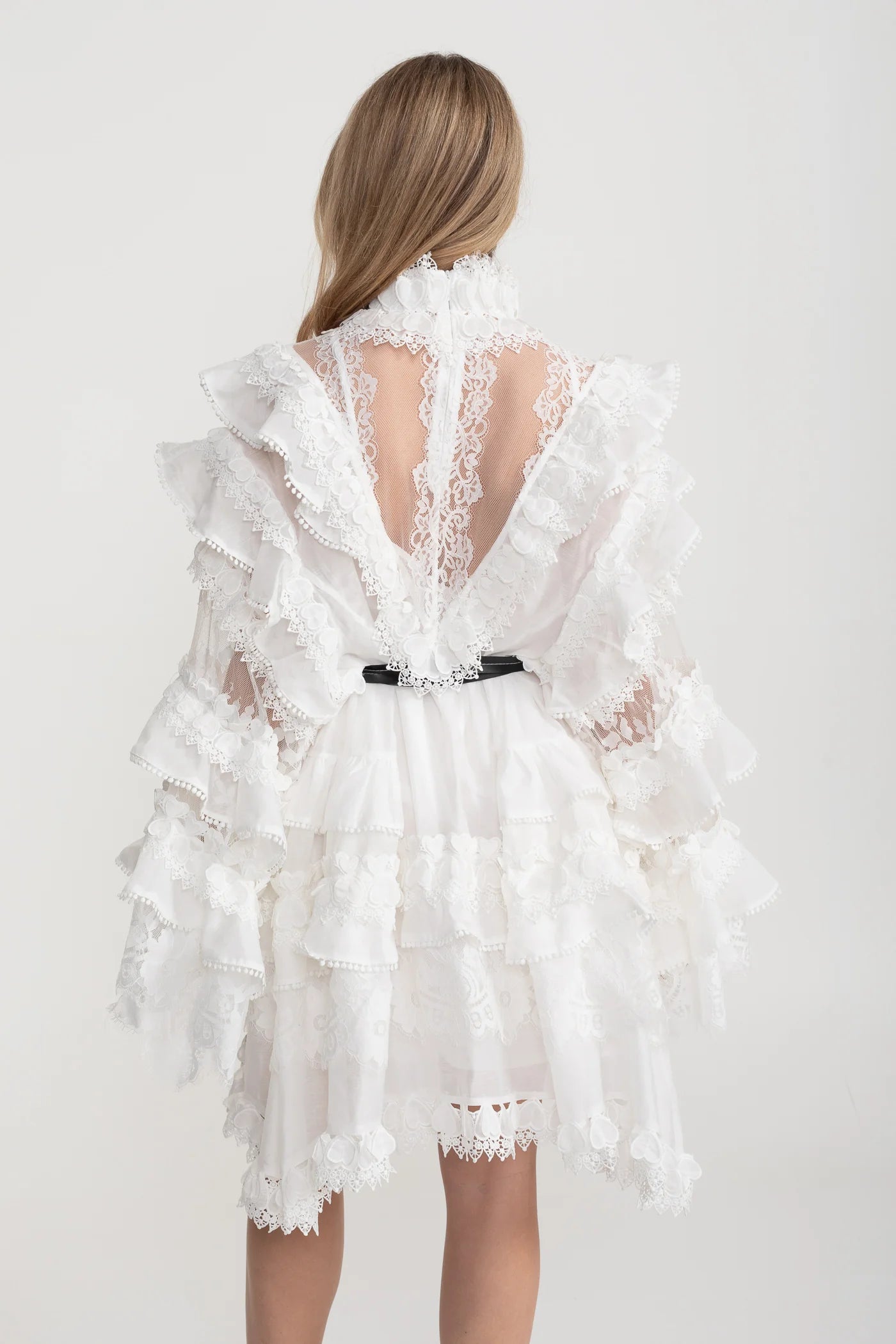 Victorian-Inspired Ruffled Lace Mini Dress – White