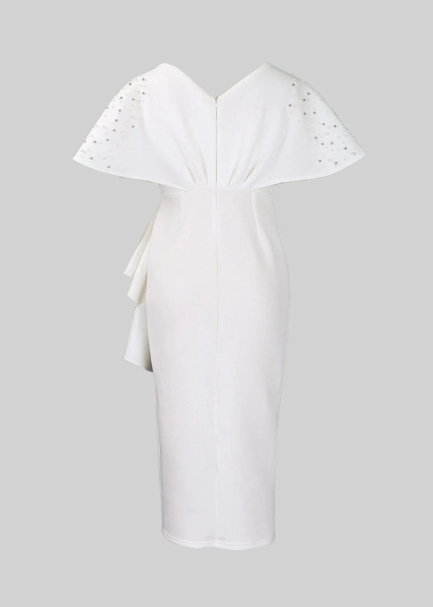 Flowing Midi Dress With Waist Draping And Shoulder Pearls - White