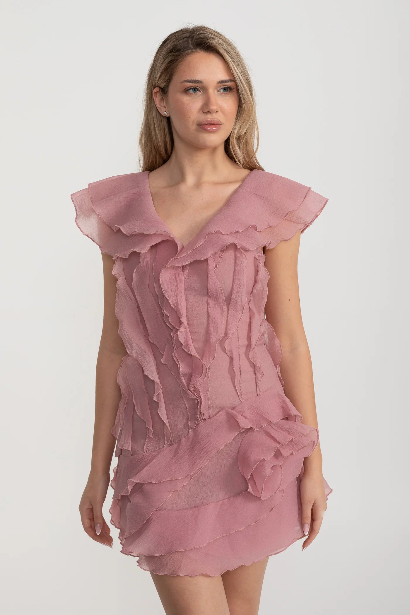 Mini Dress with Layered Ruffles and V-Neckline - Pink