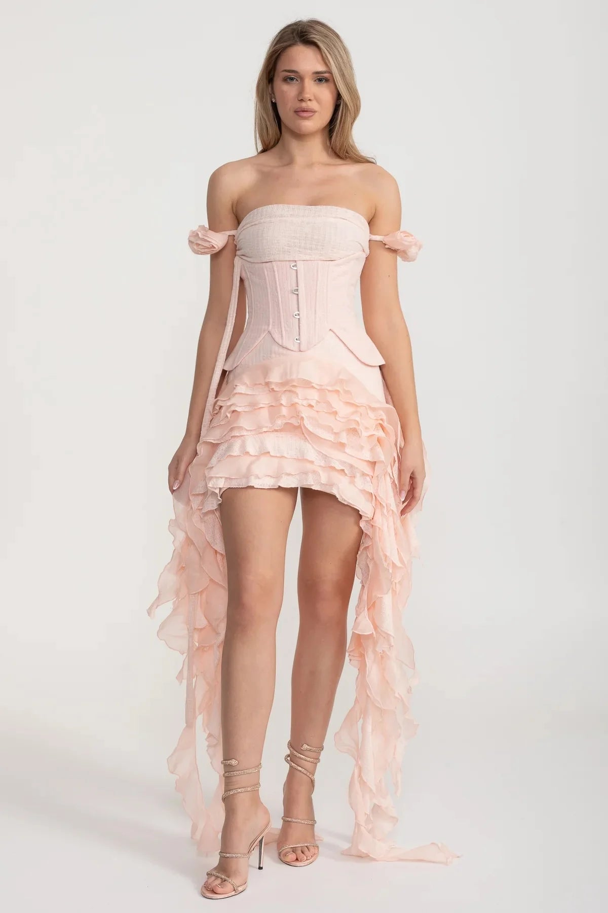 Corset High-Low Dress With Side Ruffles - Pink