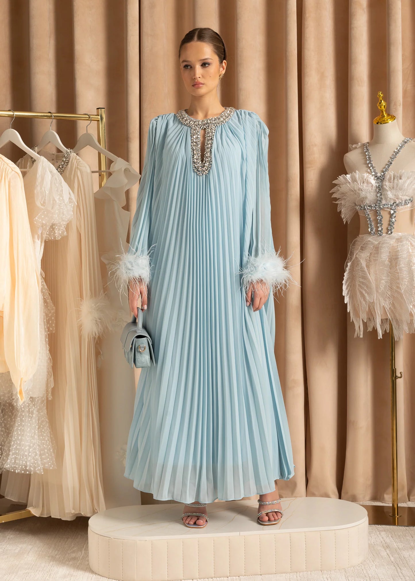 Elegant Ribbed Dress With Fluffy Cuffs And Sparkling Neckline Adornments - Baby Blue