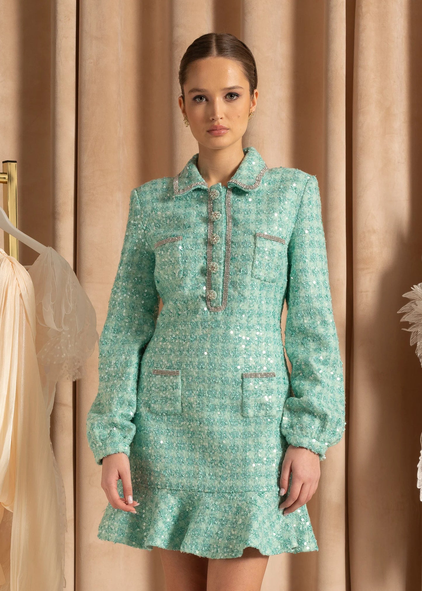 Textured Sequin Dress With Silver Embellishments - Turquoise