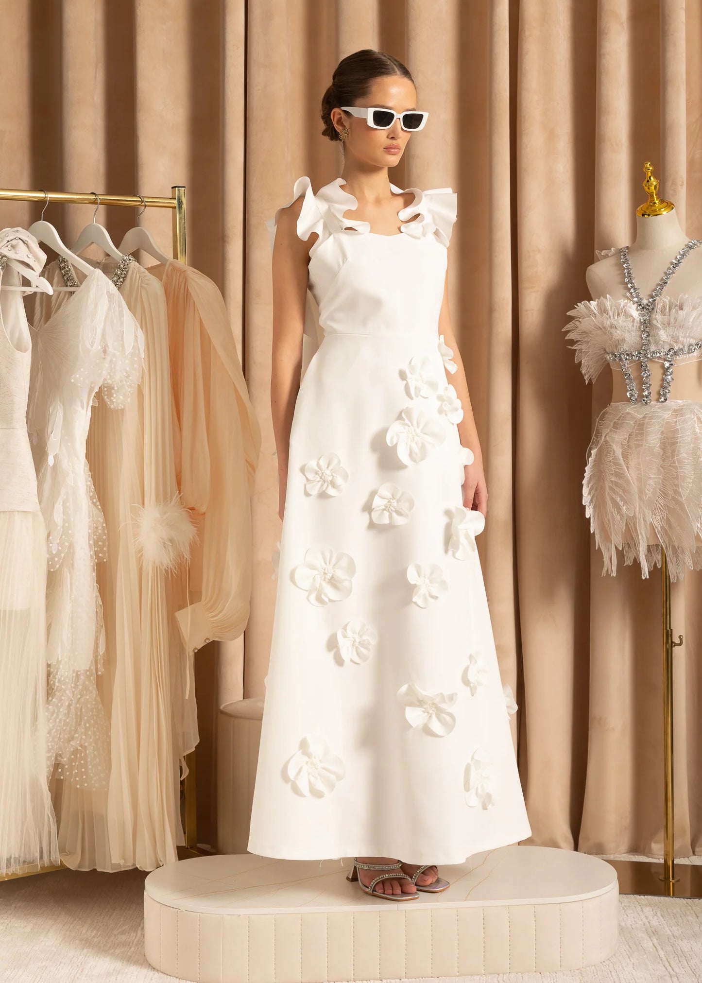 Elegant Gown With Ruffled Shoulder Straps And 3D Flowers Skirt - White