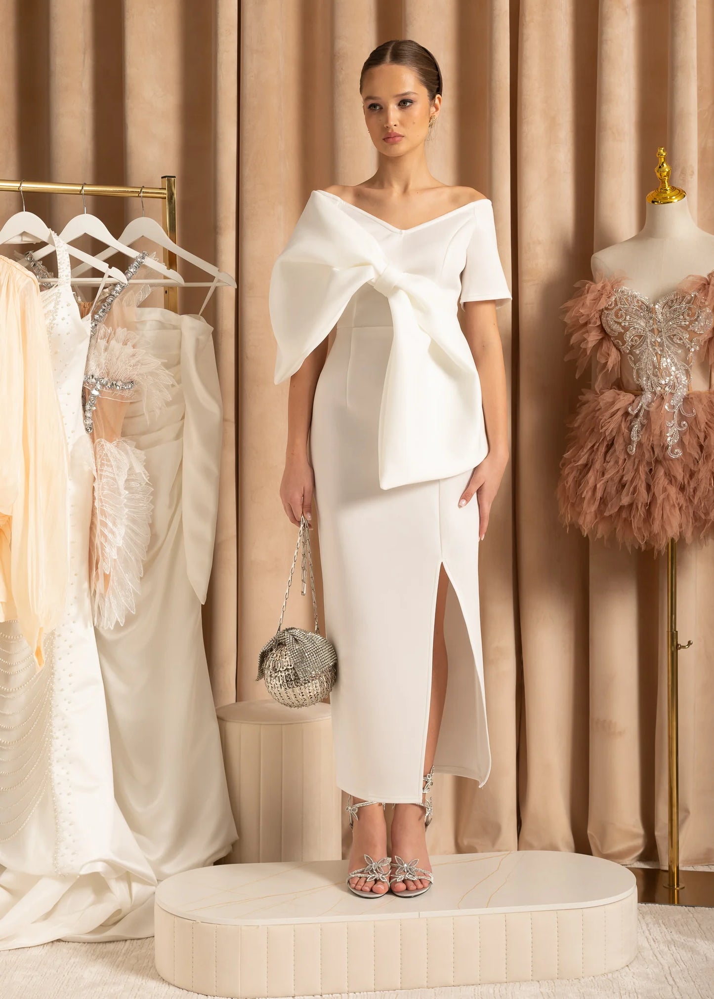 Strapless Midi Dress With Oversized Decorative Bow - White