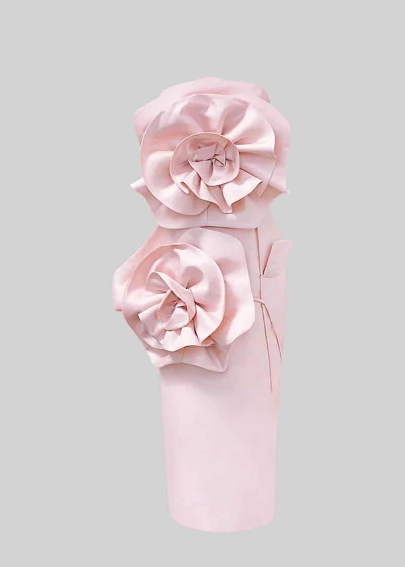 3D Sculpted Flowers Midi Dress - Light Pink