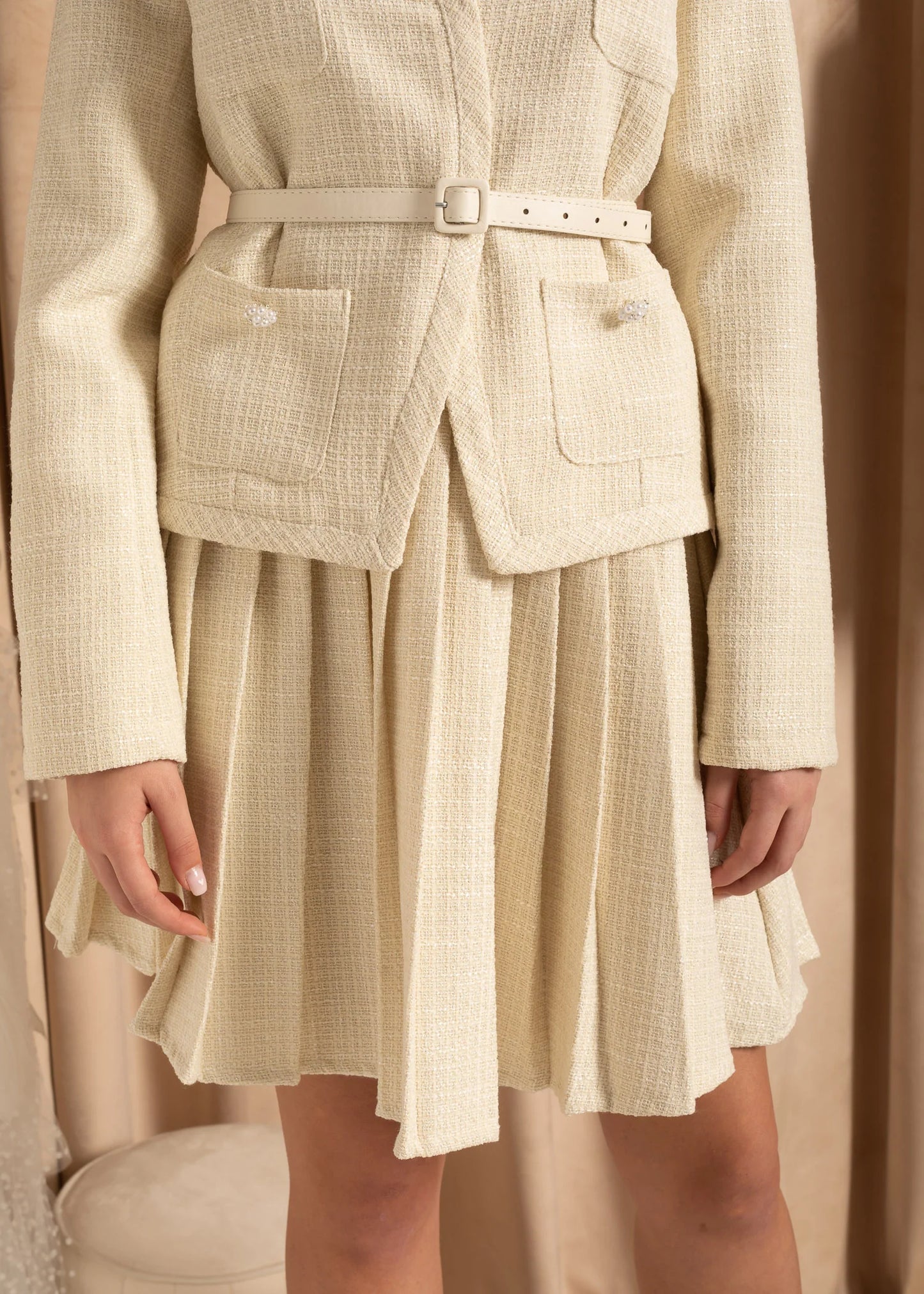 Elegant Knitted Two Piece Co-Ord With Pleated Mini Skirt - Ivoire