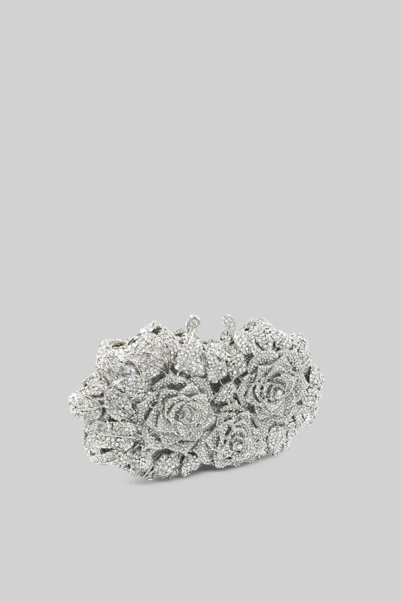 Crystal Adorned Clutch Bag With Floral Detailing - Silver