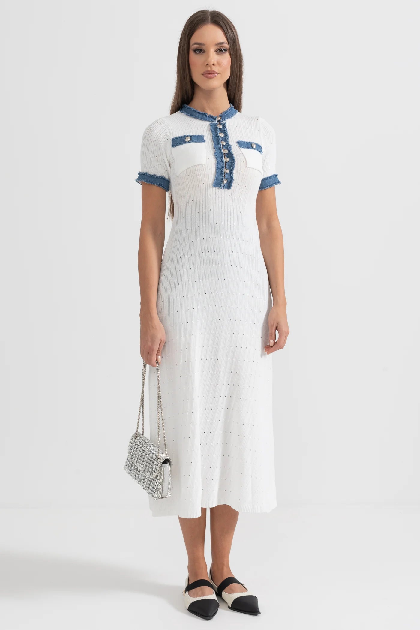 Textured Knit Midi Dress With Blue Details - White