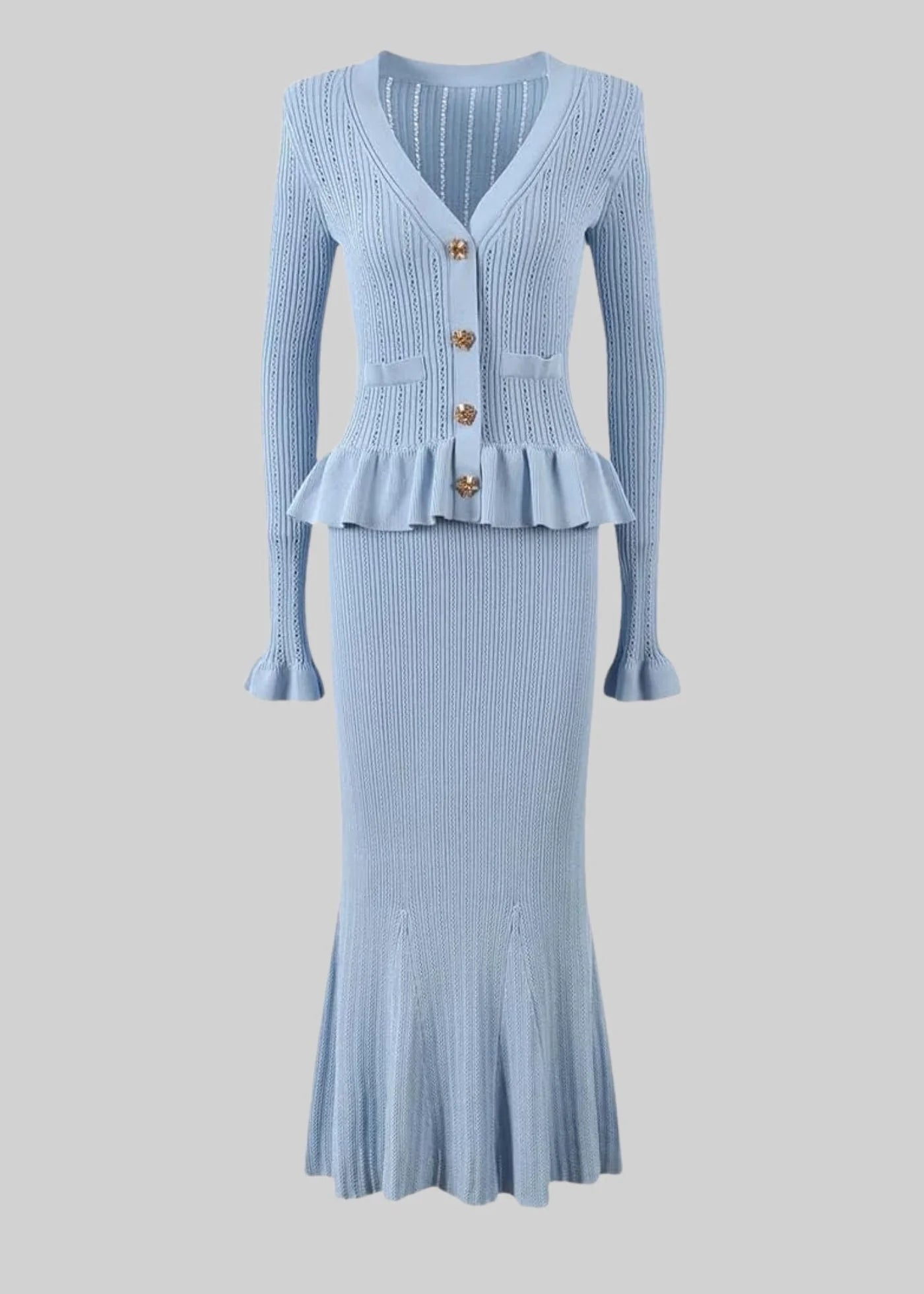 Knitted Cardigan And Flared Skirt Matching Set - Baby Blue