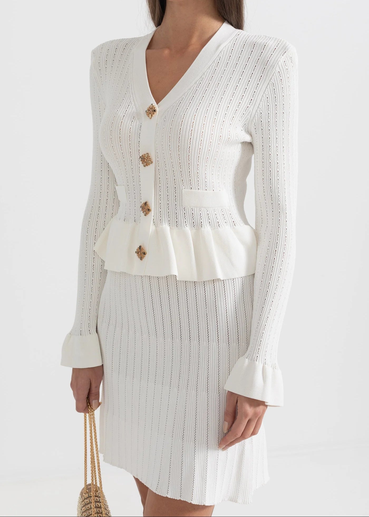 Long Sleeve Knitted Dress With Gold Buttons And Peplum Waist - White