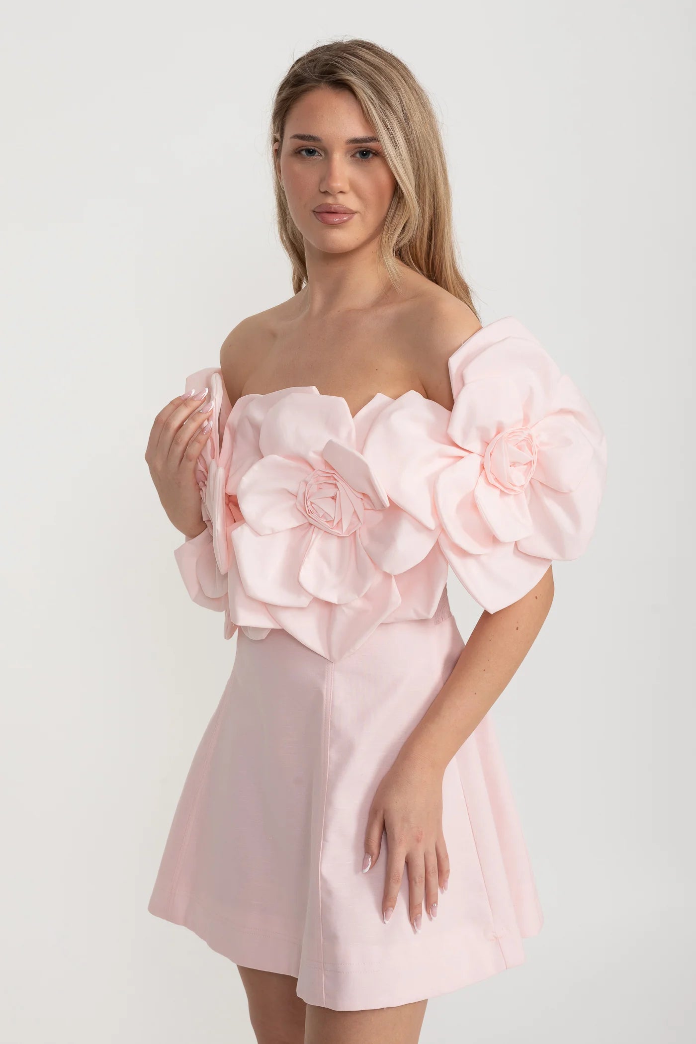 Off-Shoulder Mini Dress with Oversized Floral Appliqués - Pink