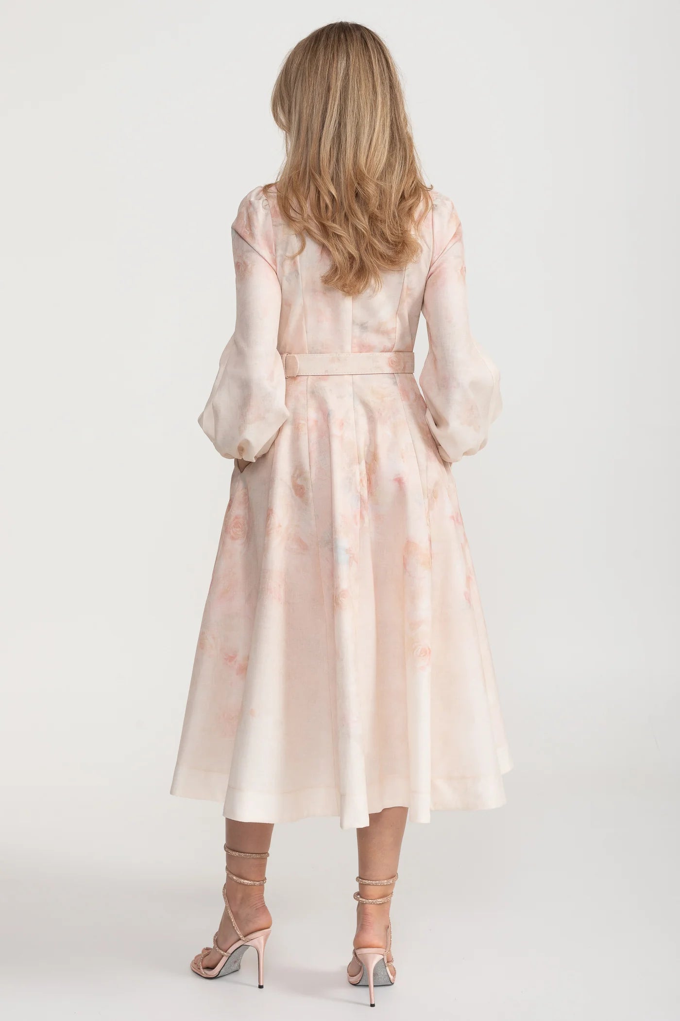 Watercolor Floral Belted Midi Dress with Mandarin Collar – Blush