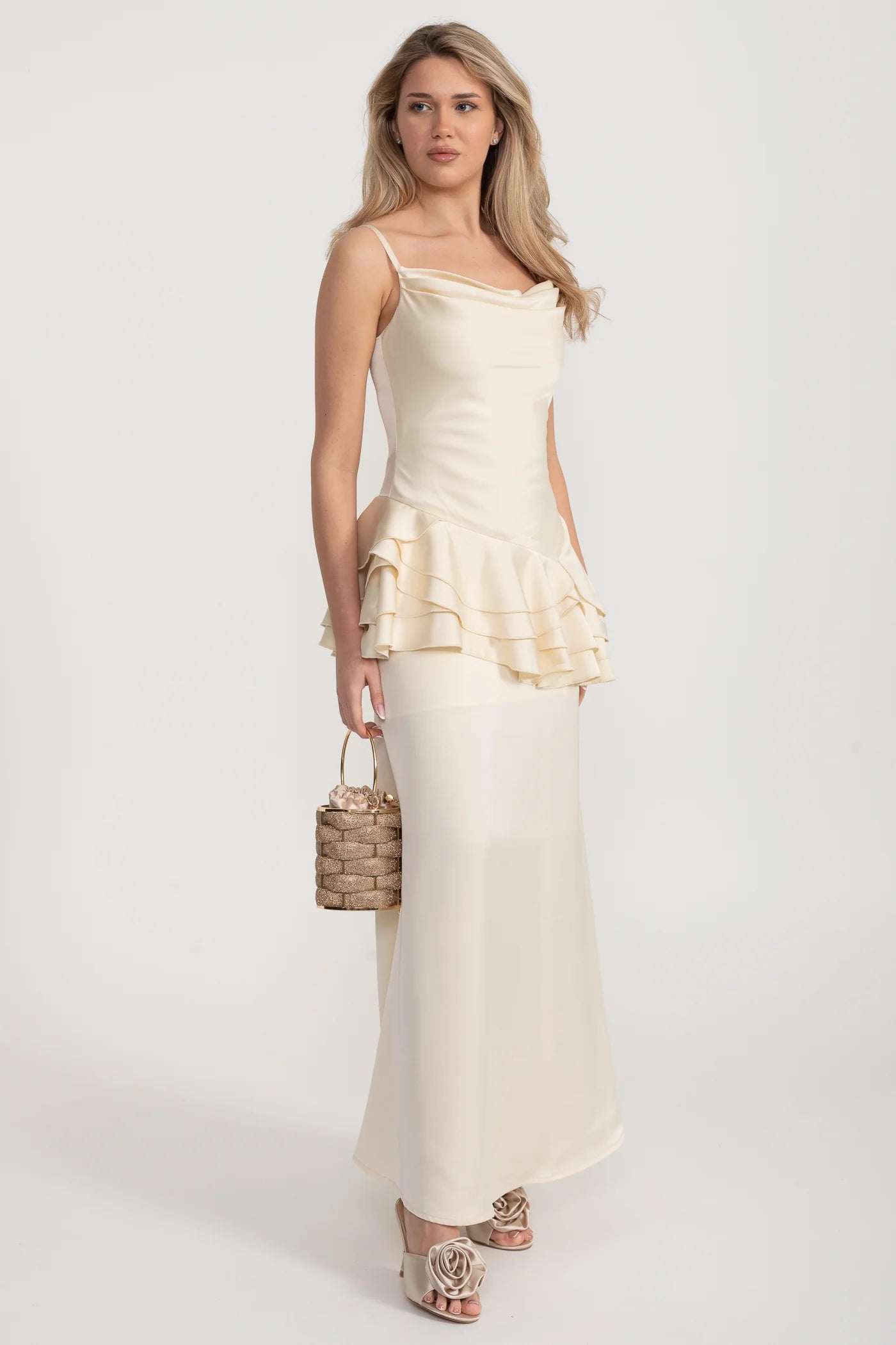Spaghetti Strap Satin Maxi Dress with Asymmetric Ruffles - Ivoire