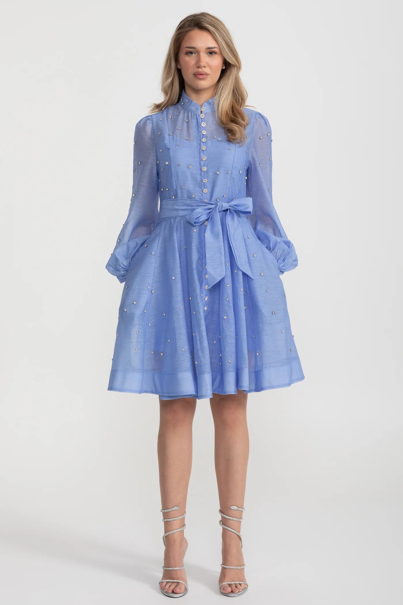 Long Sleeve Mini Dress with Crystal Embellishments - Blue