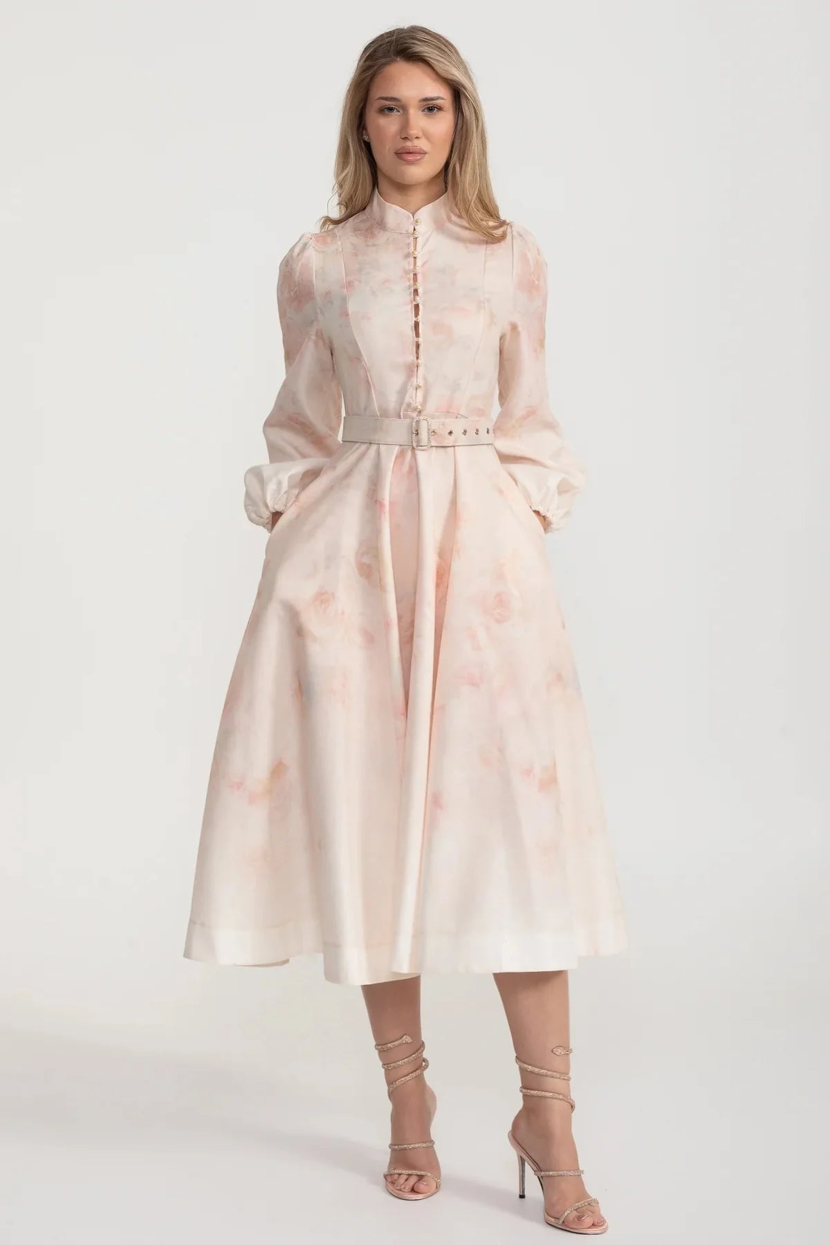 Watercolor Floral Belted Midi Dress with Mandarin Collar – Blush