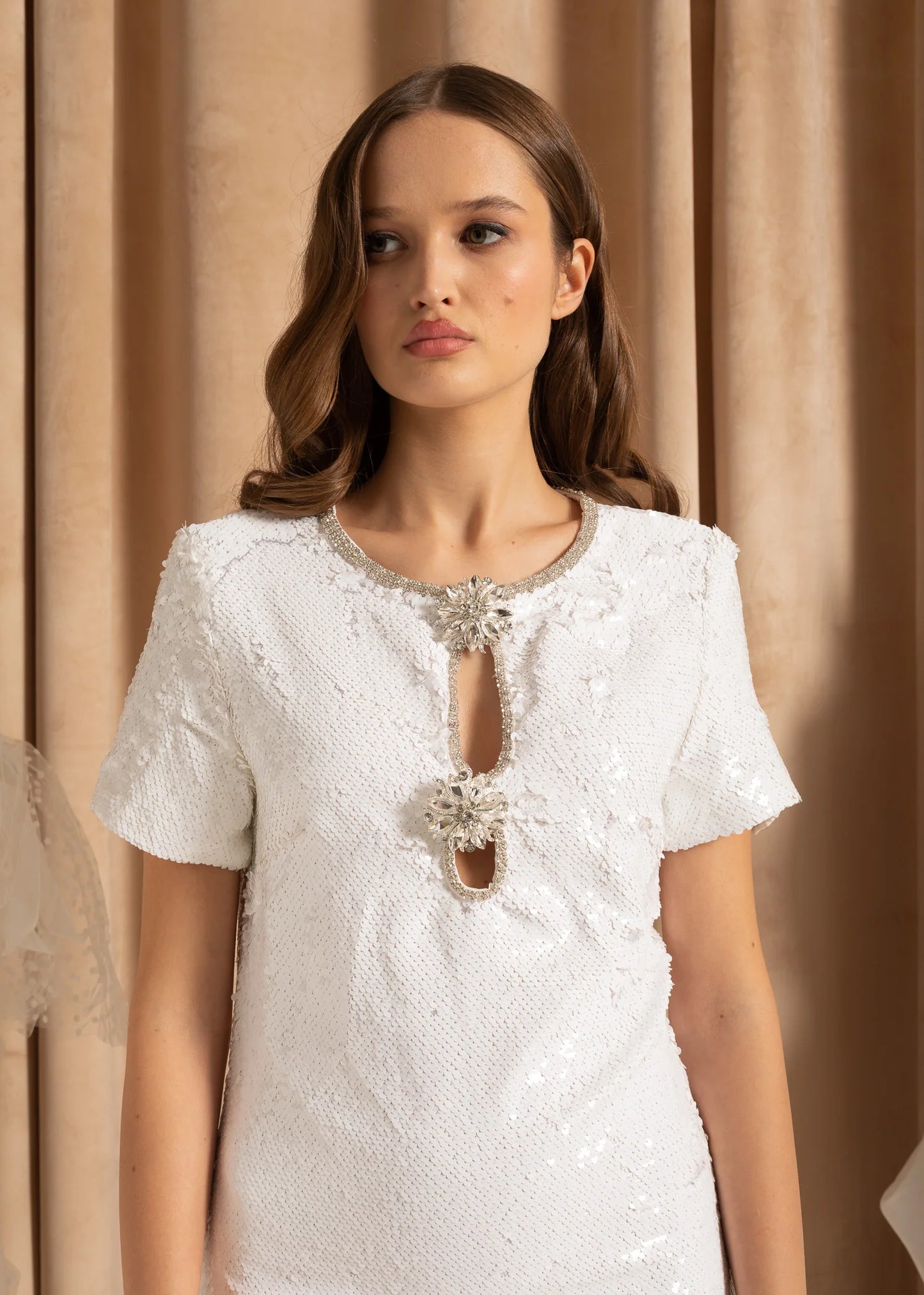 Short Sleeves Sequin Textured Mini Dress With Sparkling Neckline - White