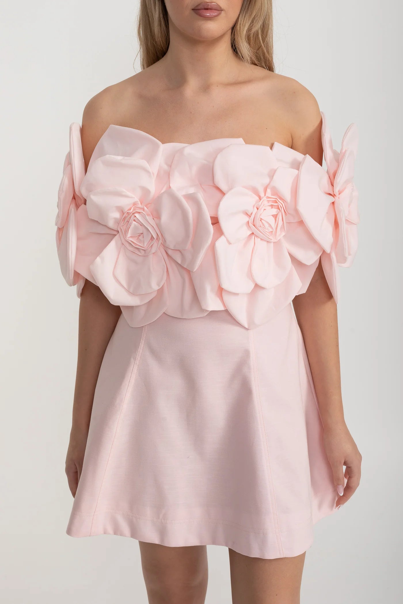 Off-Shoulder Mini Dress with Oversized Floral Appliqués - Pink