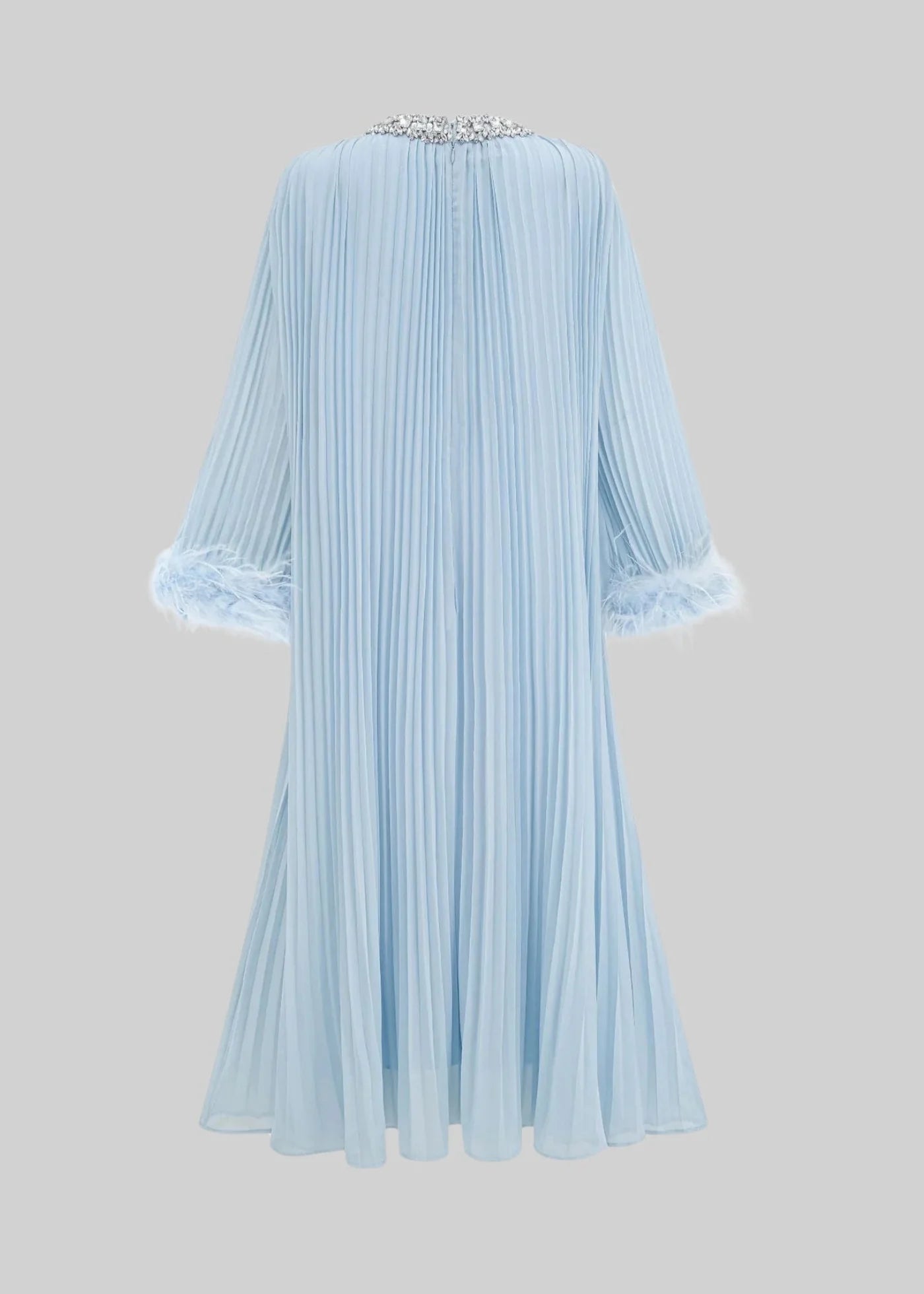 Elegant Ribbed Dress With Fluffy Cuffs And Sparkling Neckline Adornments - Baby Blue