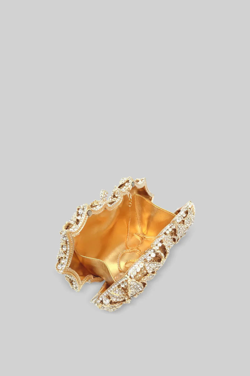Crystal Adorned Clutch Bag With Floral Detailing - Gold