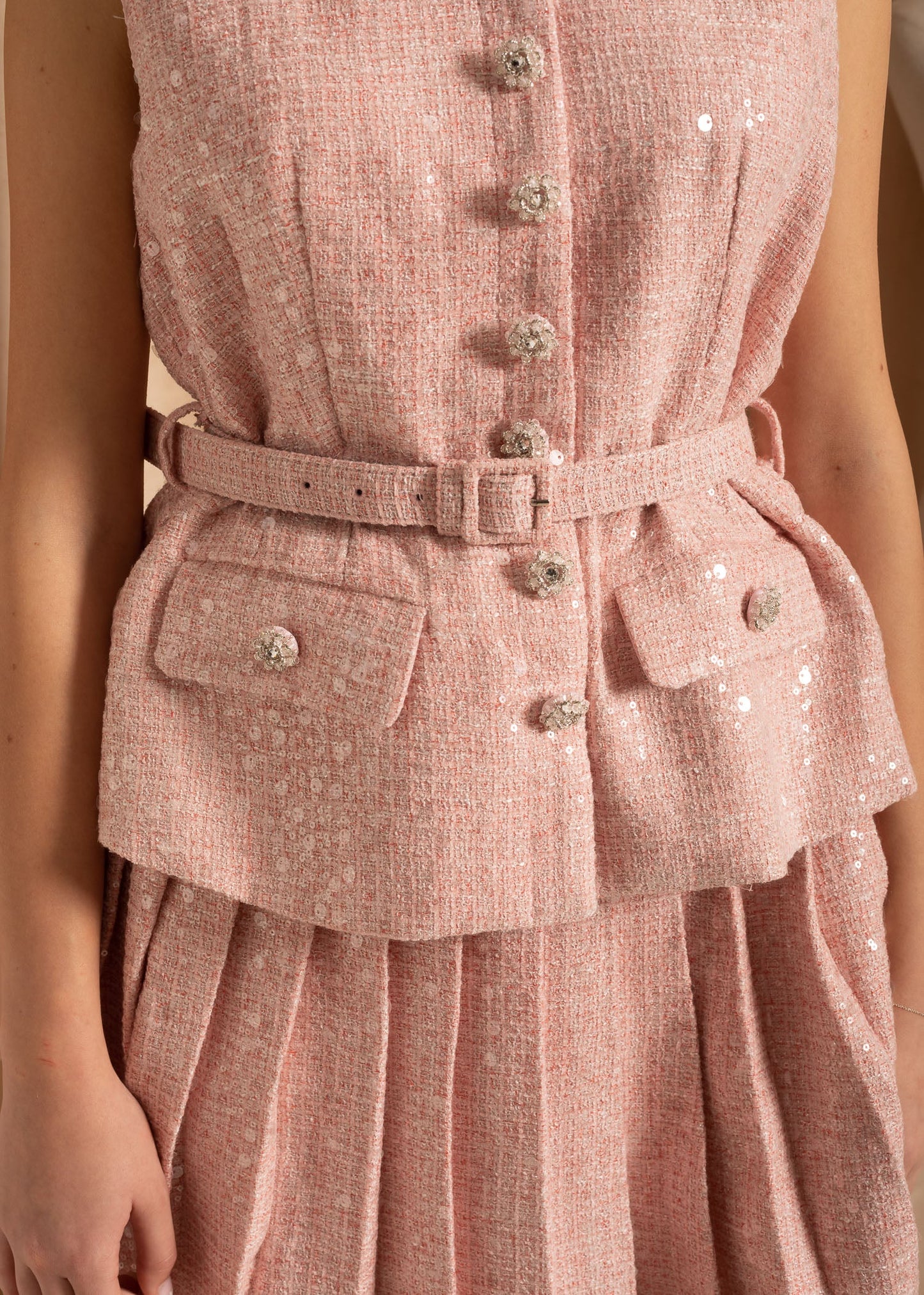 Textured Dress With Waistbelt And Pleated Mini Skirt - Pink