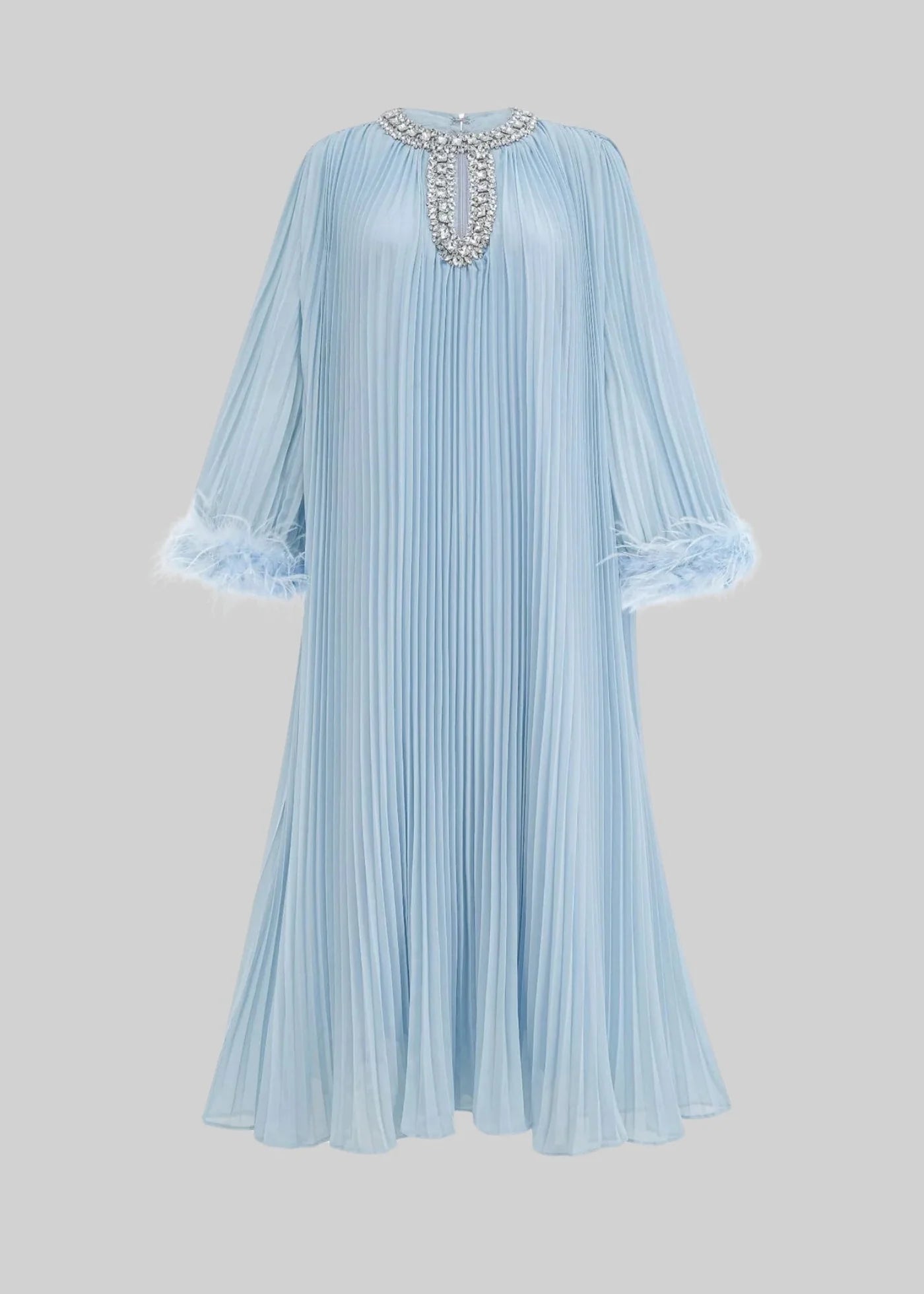 Elegant Ribbed Dress With Fluffy Cuffs And Sparkling Neckline Adornments - Baby Blue