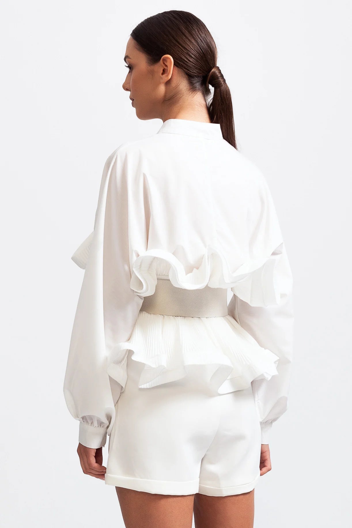 Ruffle Shirt with Oversized Belt And Flowing Sleeves - White