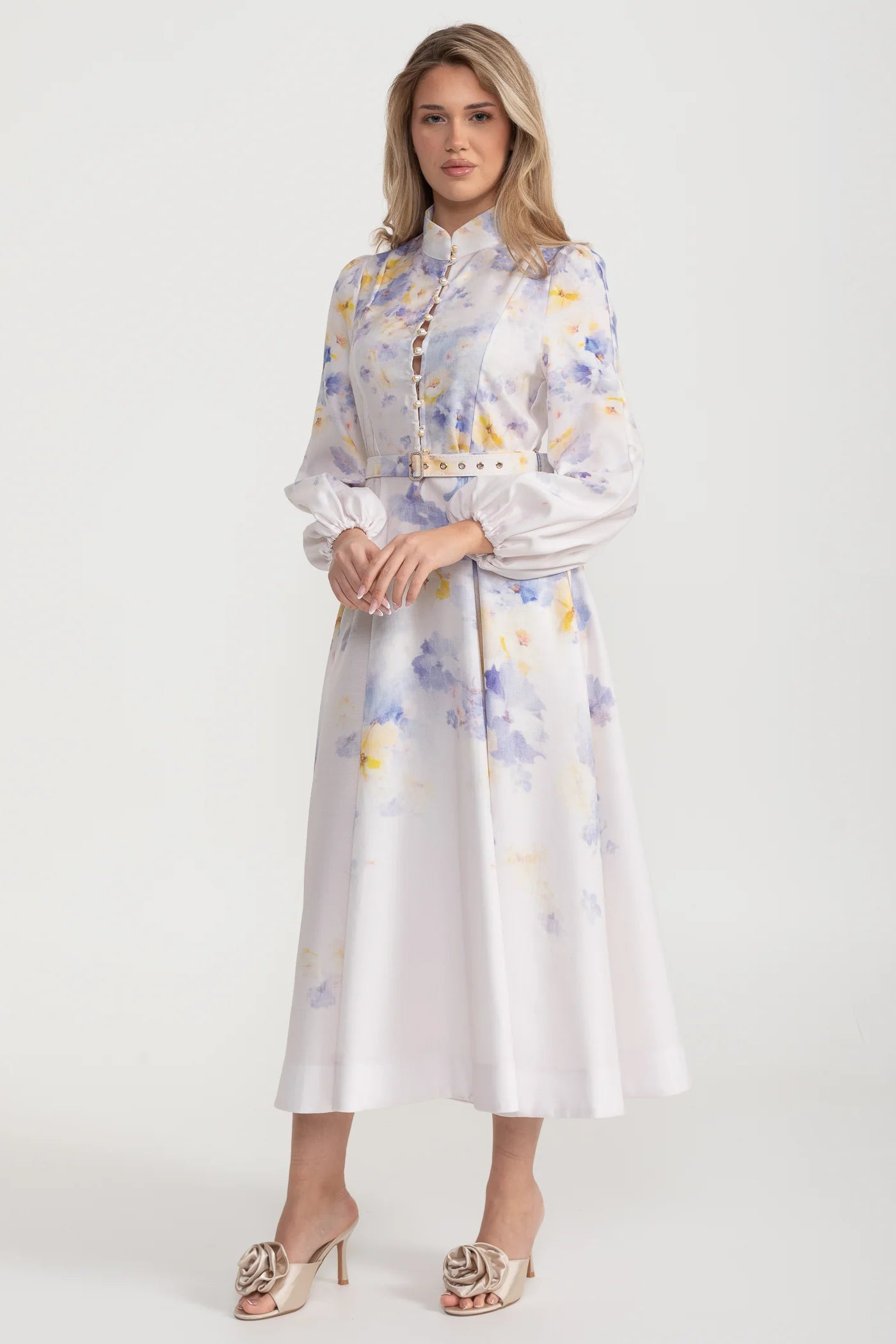 Watercolor Floral Belted Midi Dress with Mandarin Collar – Pastel Blue