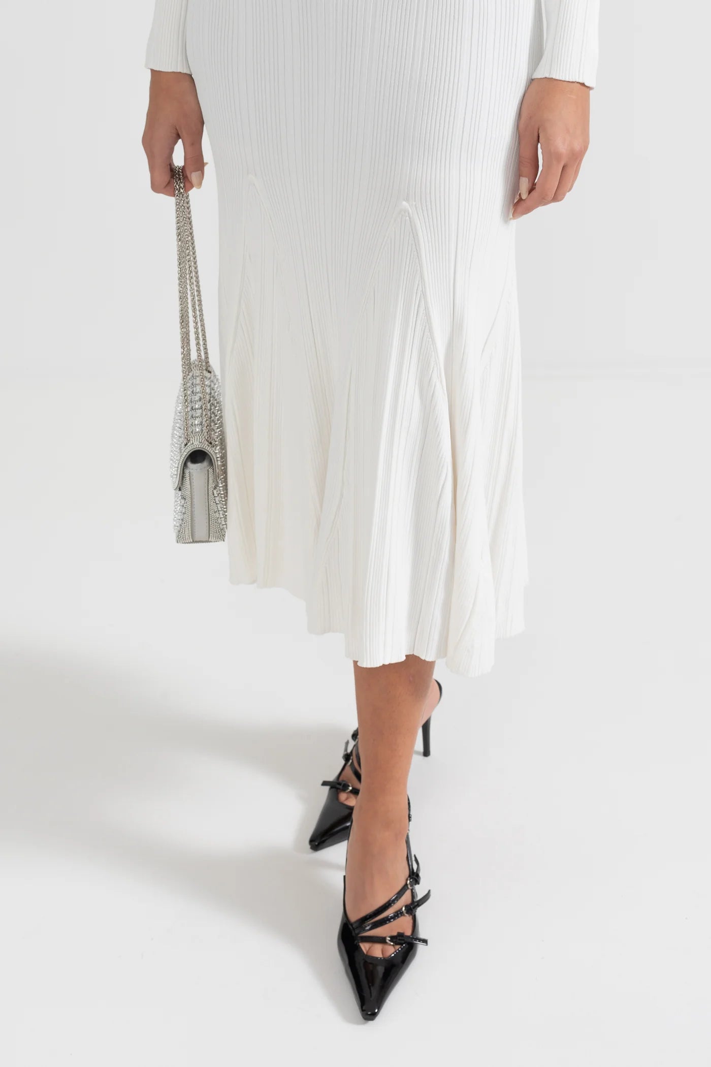 Sophisticated Long Sleeved Ribbed Dress - White