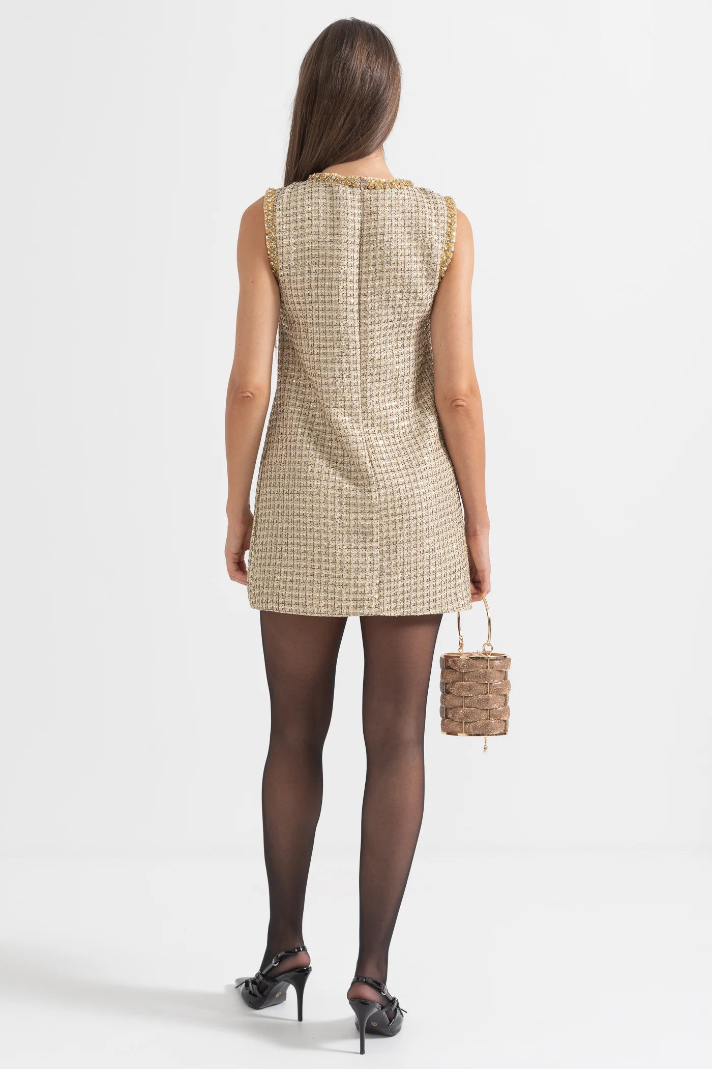 Textured Mini Dress With Golden Detailing And Buttons - Gold