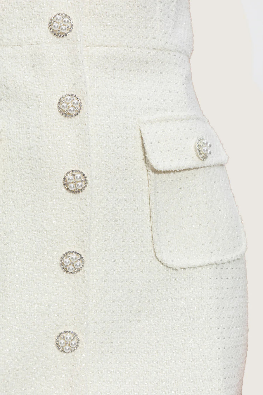 Textured Sleeveless Dress With Pearl Button Accents - White
