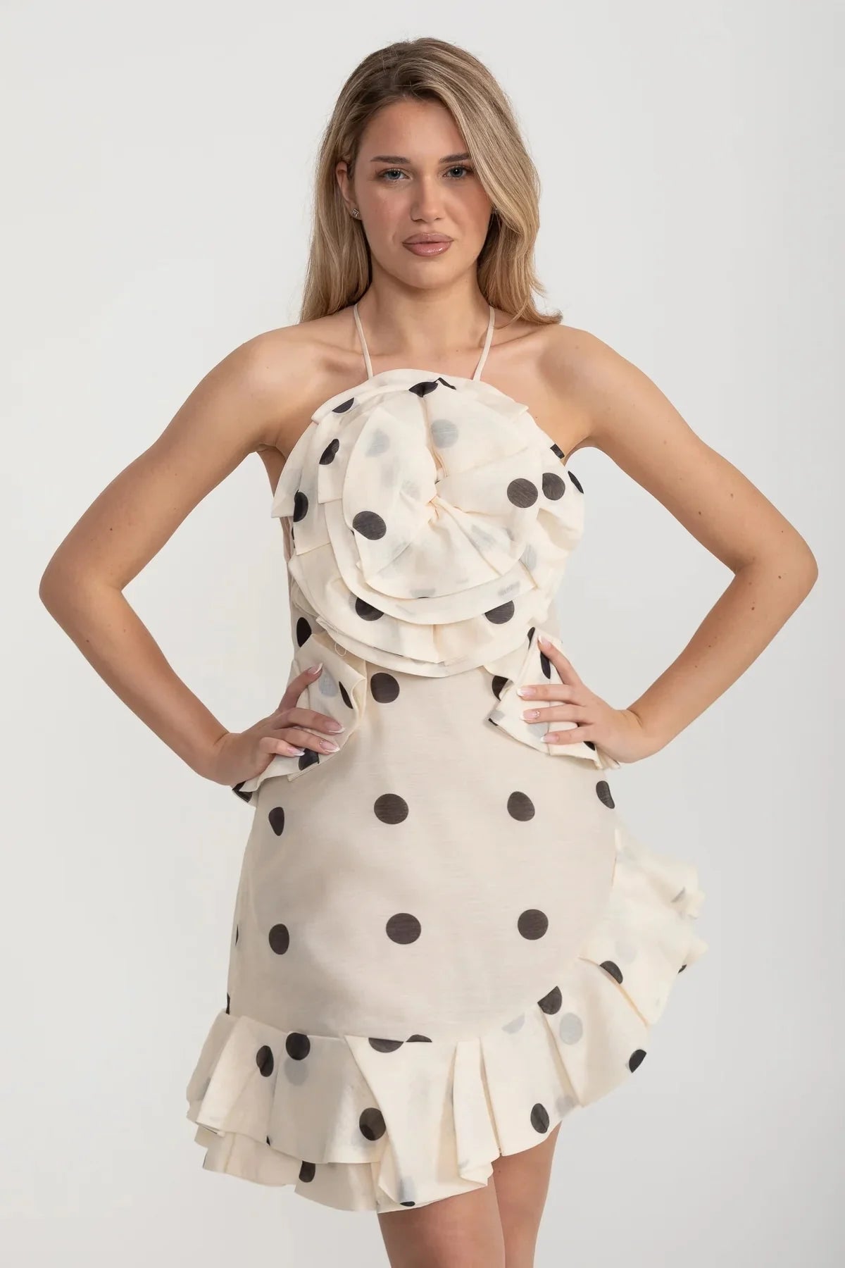 Polka Dot Halter Mini Dress with Ruffled Rosette Detail – Ivoire