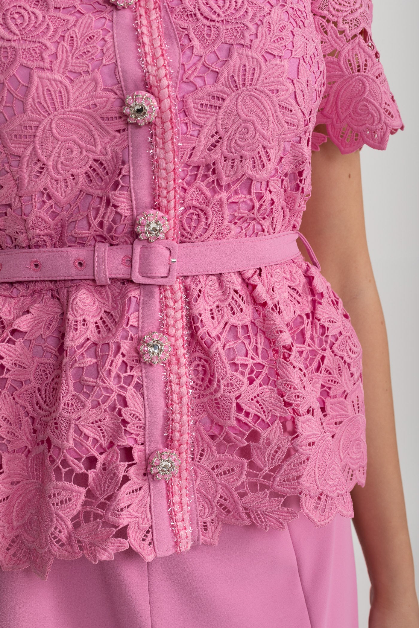 Lace Bodice Set With Peplum Detail And Midi Skirt - Pink
