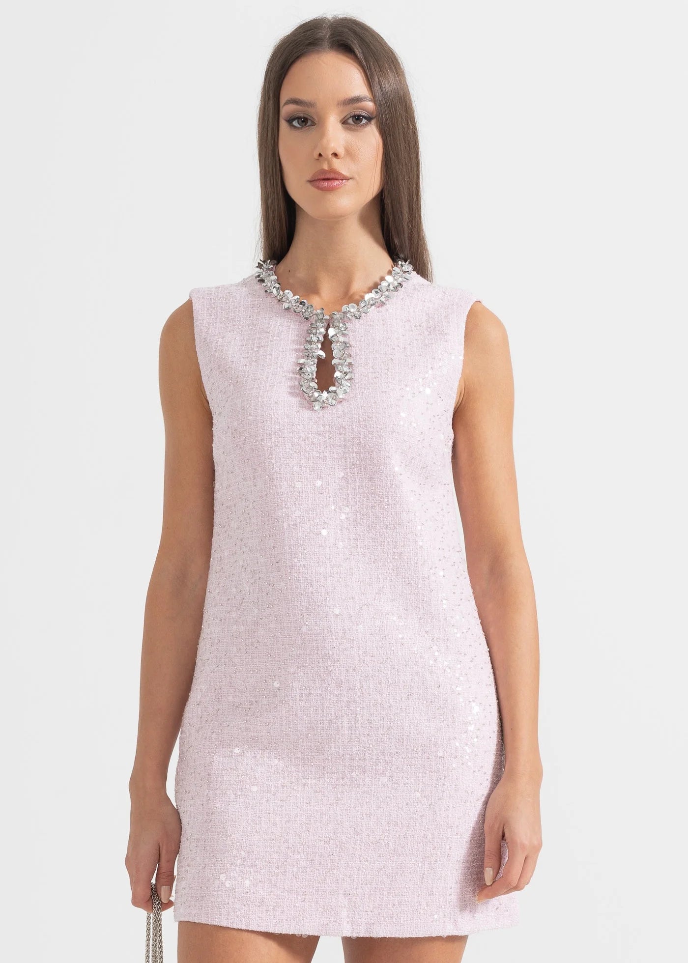 Textured Mini Dress With Silver Sequin Collar Detailing - Pink