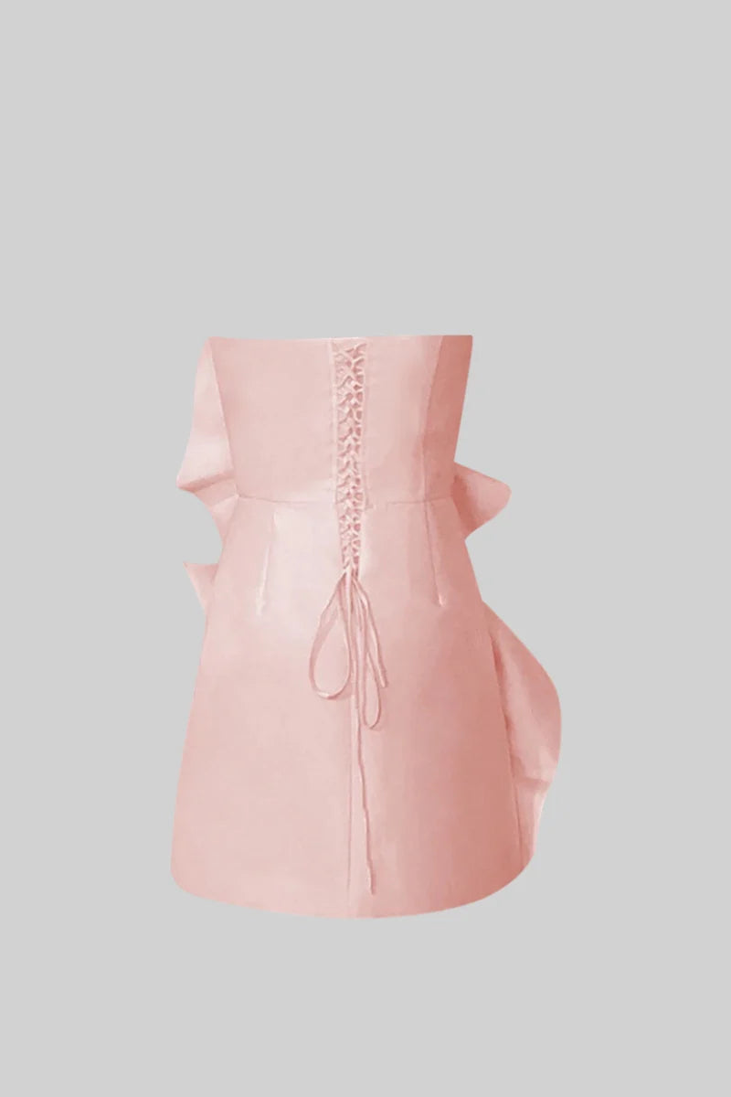 Satin Mini Dress With Oversized 3D Flowers - Light Pink