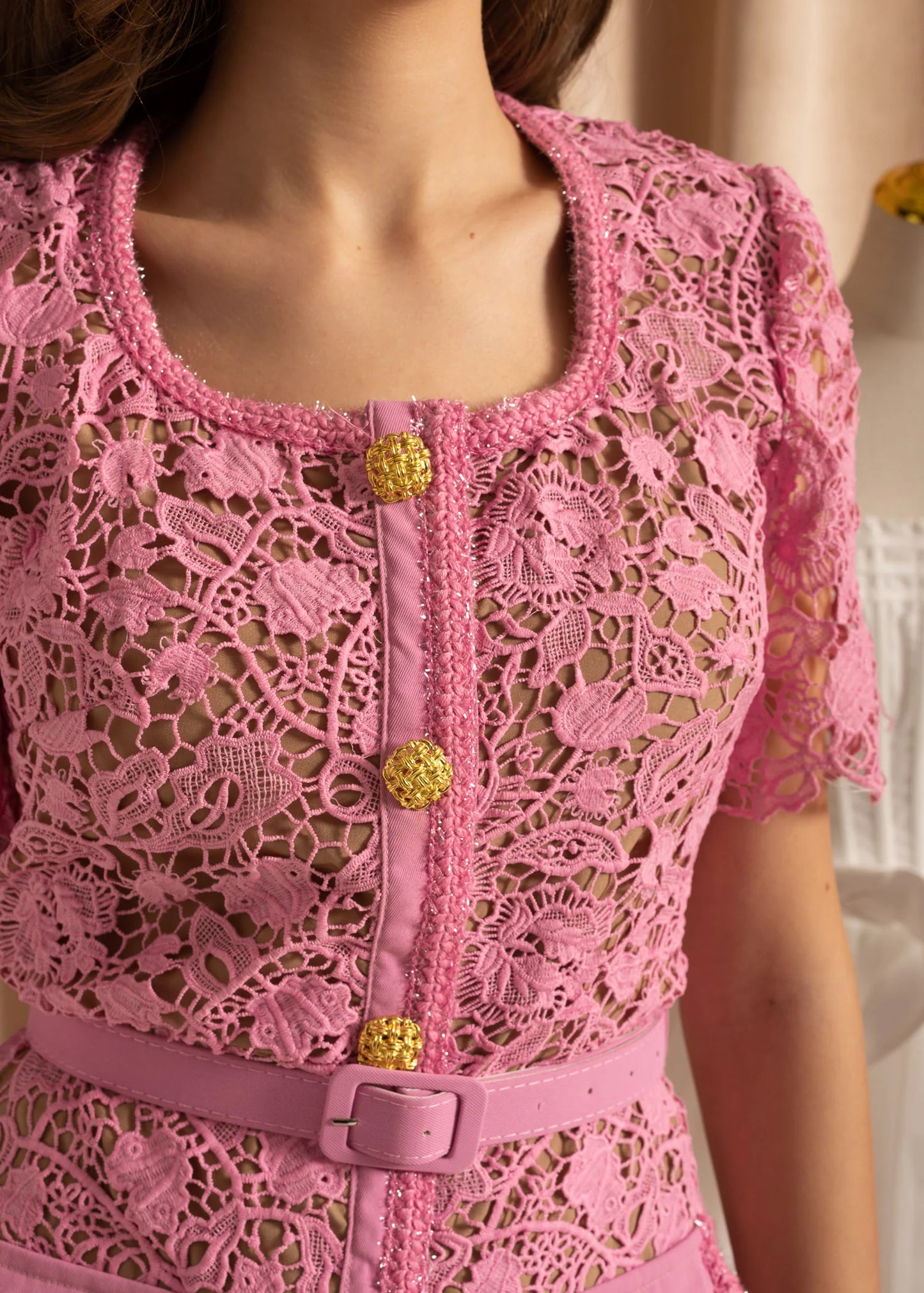 Exquisite Short Sleeve Lace Midi Dress - Rose