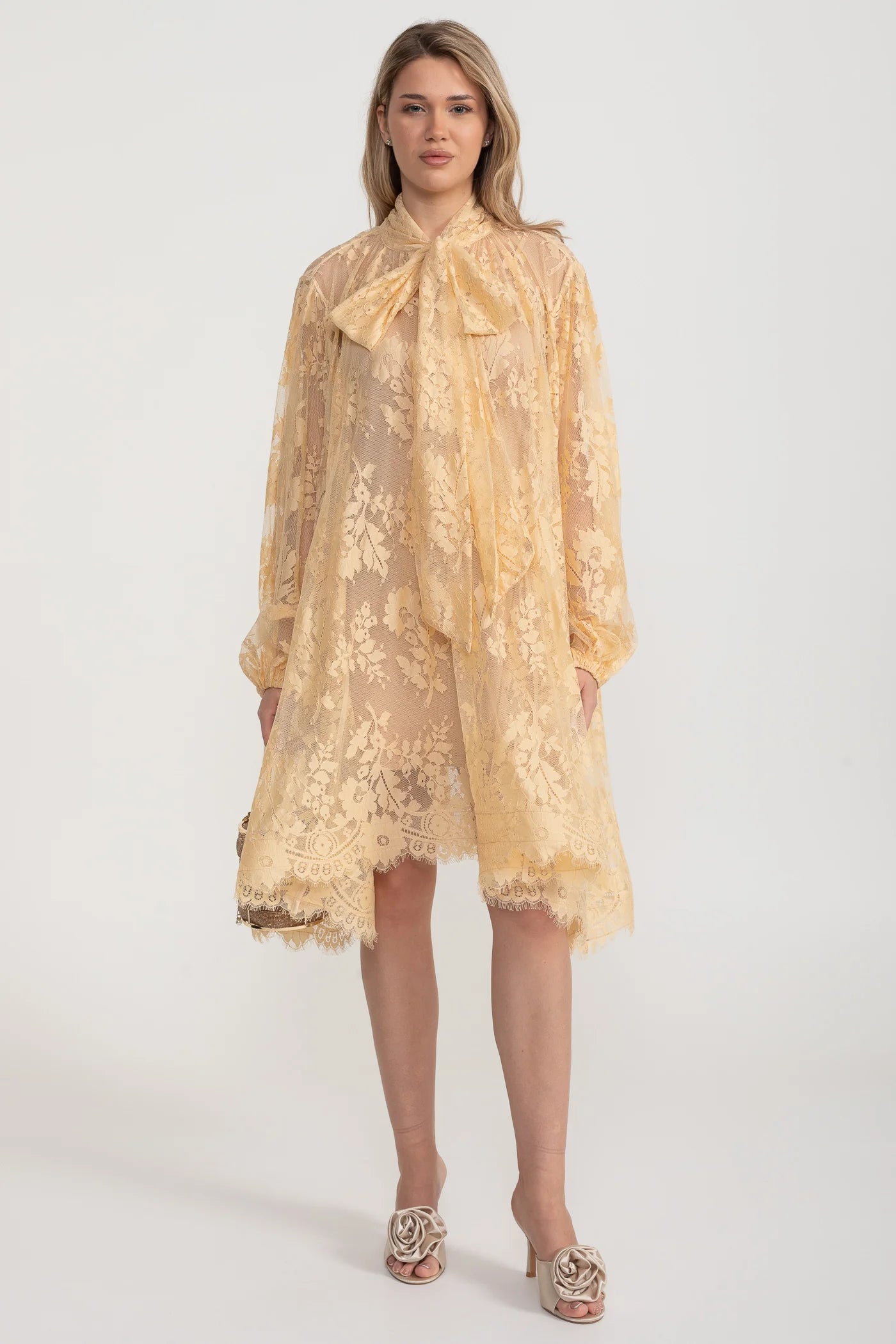 A-Line Lace Dress with Bow Tie Neck – Khaki