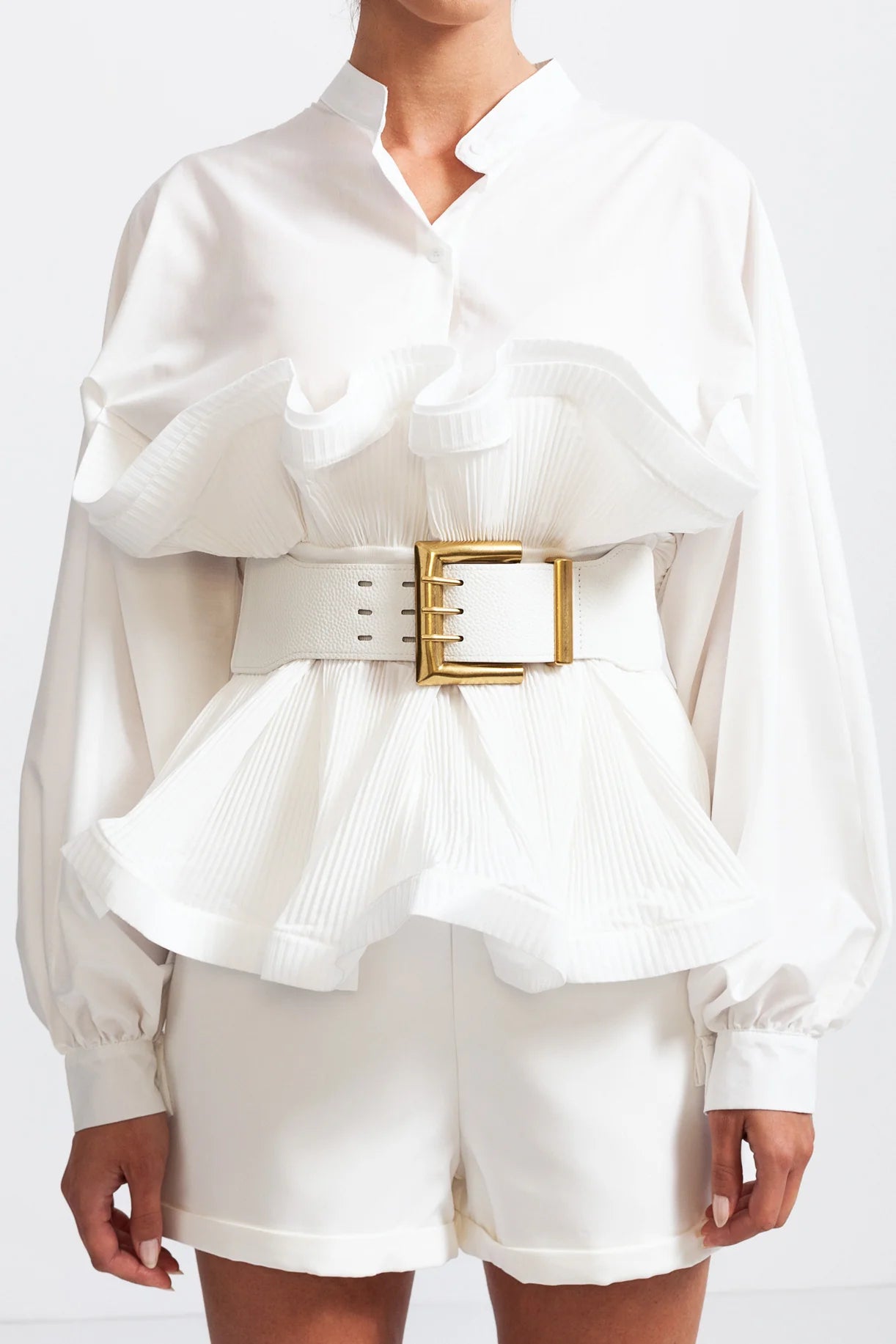 Ruffle Shirt with Oversized Belt And Flowing Sleeves - White