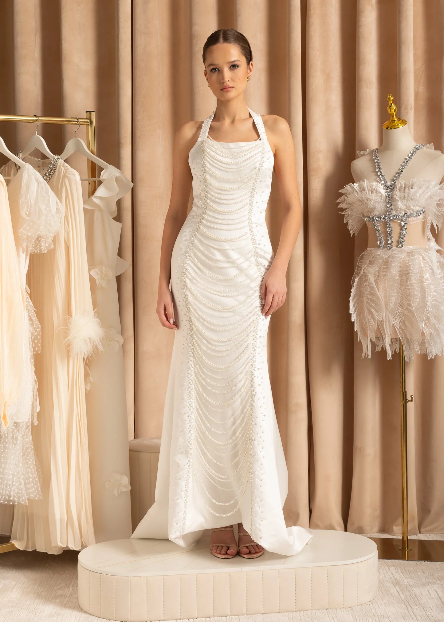 Exquisite Satin Evening Gown With Pearls - White