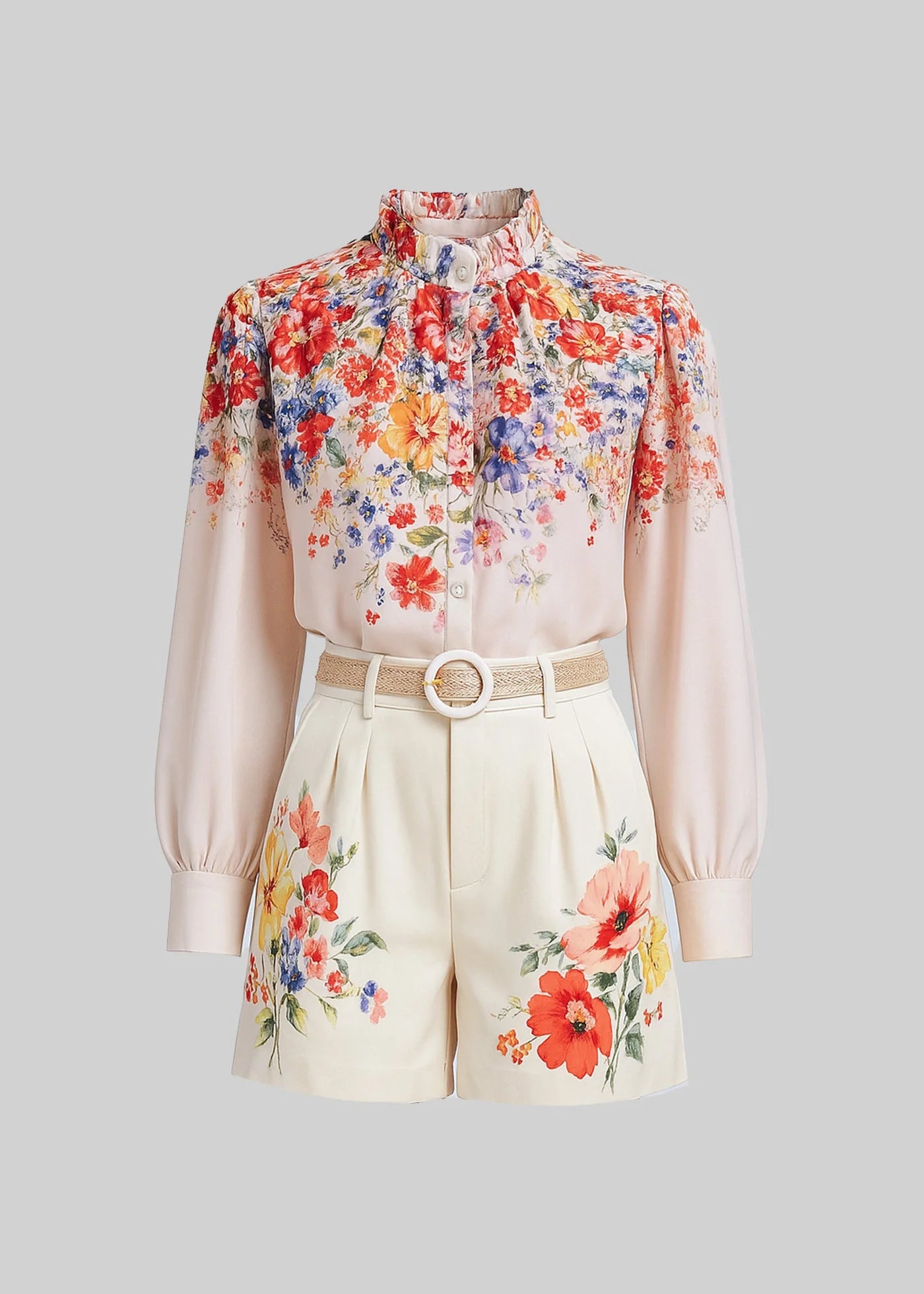 Floral Ensemble With Long Sleeves Shirt And Matching High-Waisted Shorts - White