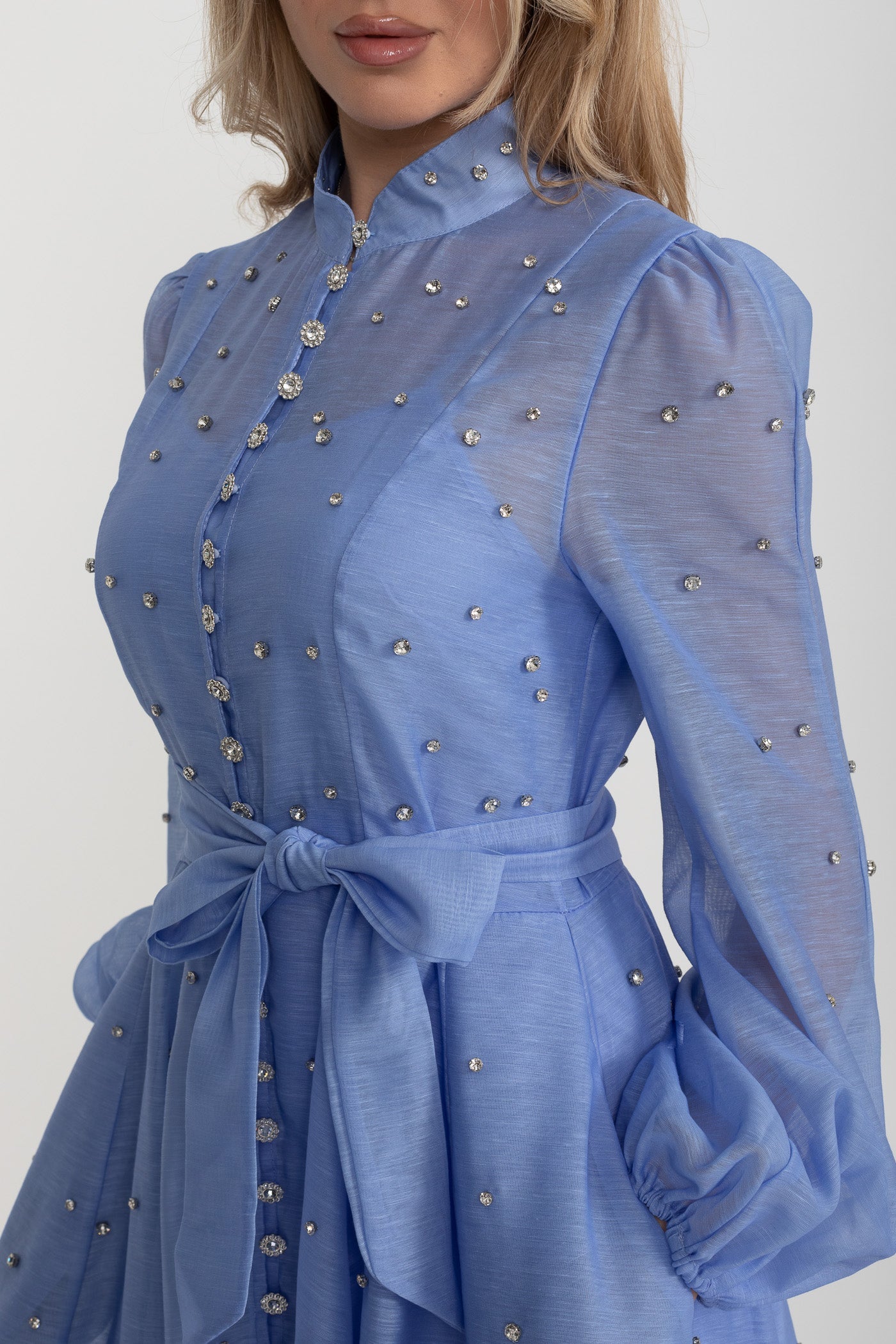 Long Sleeve Mini Dress with Crystal Embellishments - Blue