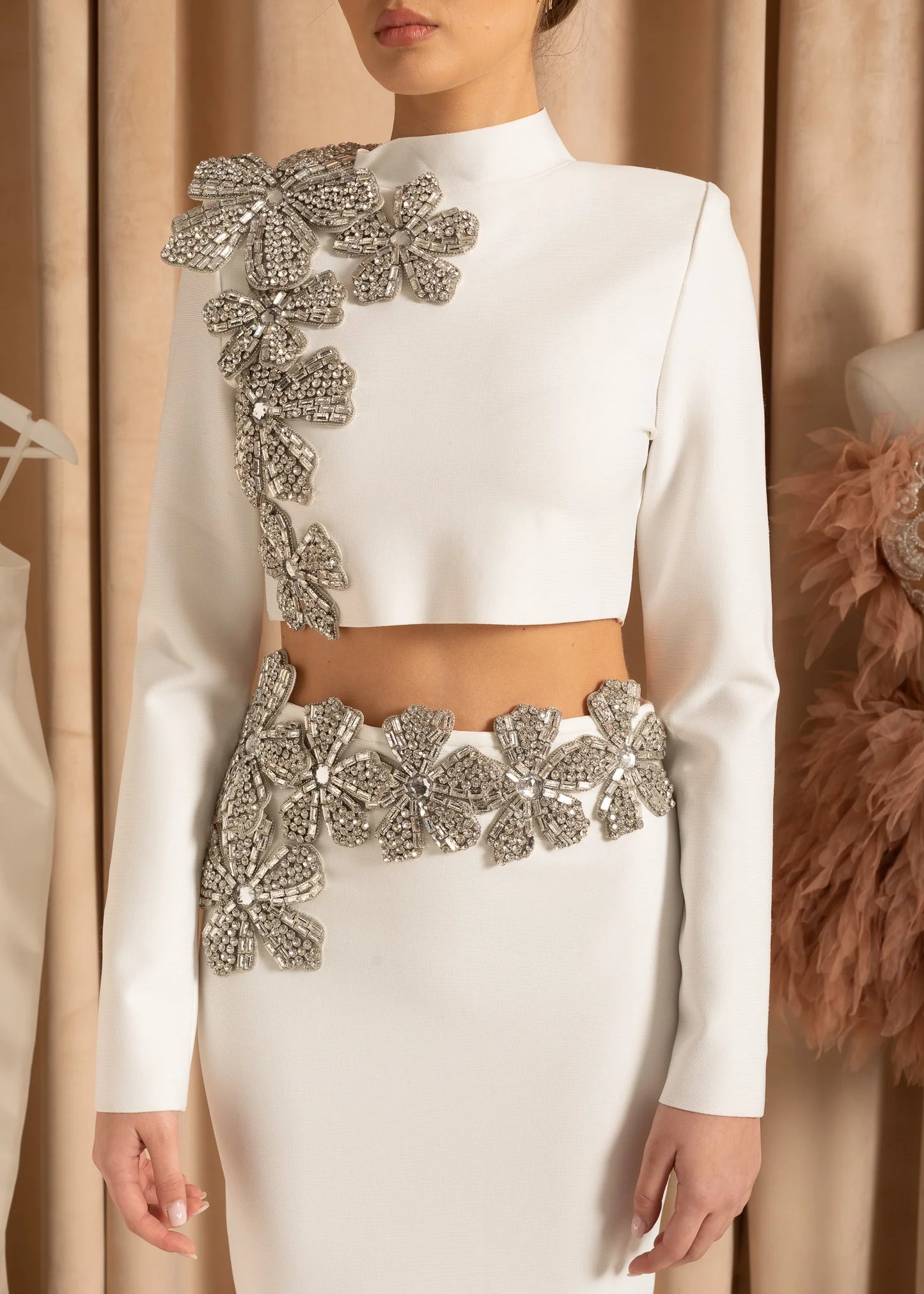 Silver Flowers 2 Piece Set With Long Sleeved Top And Maxi Skirt - White