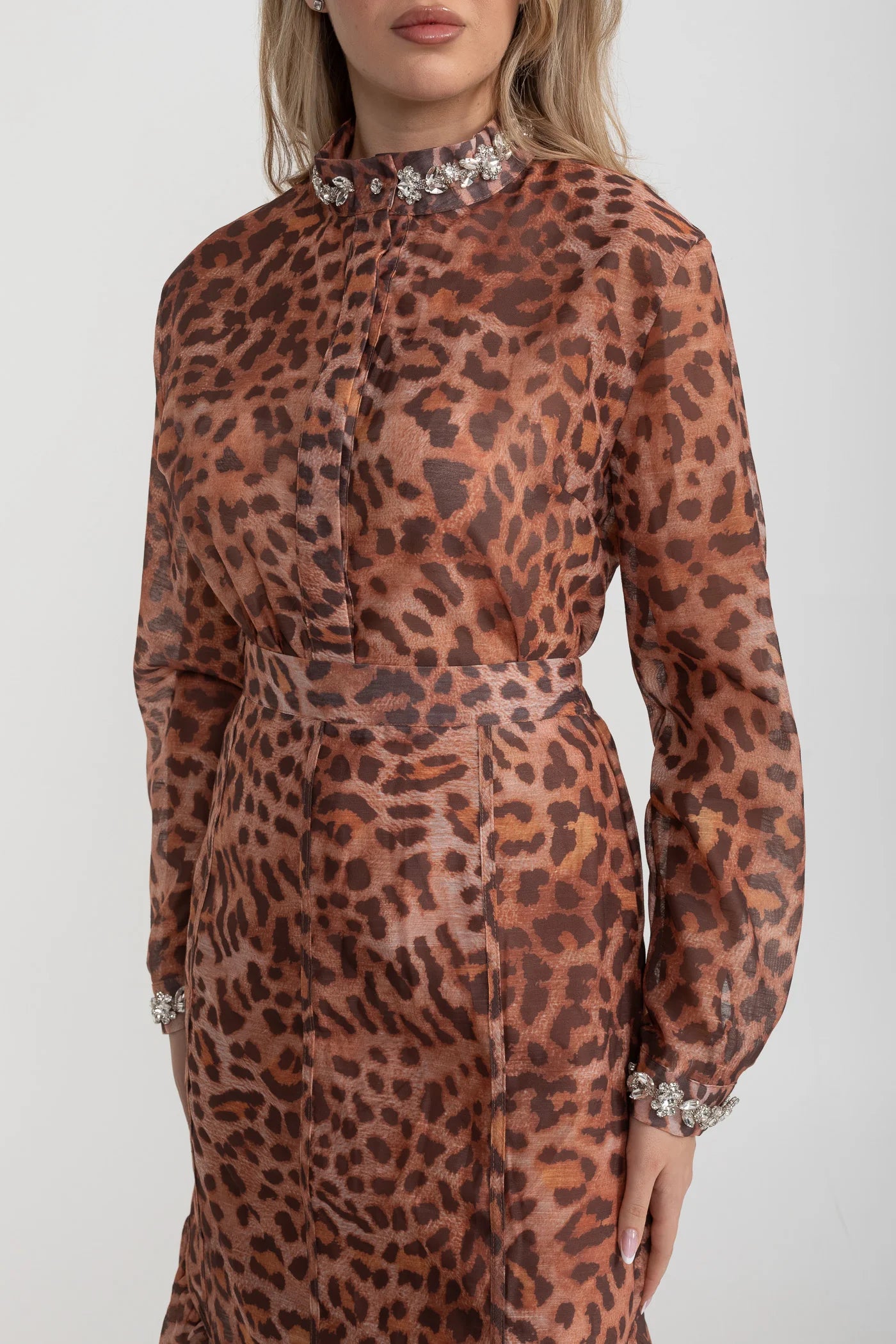 Embellished Collar Leopard Print Blouse & Skirt Set – Brown