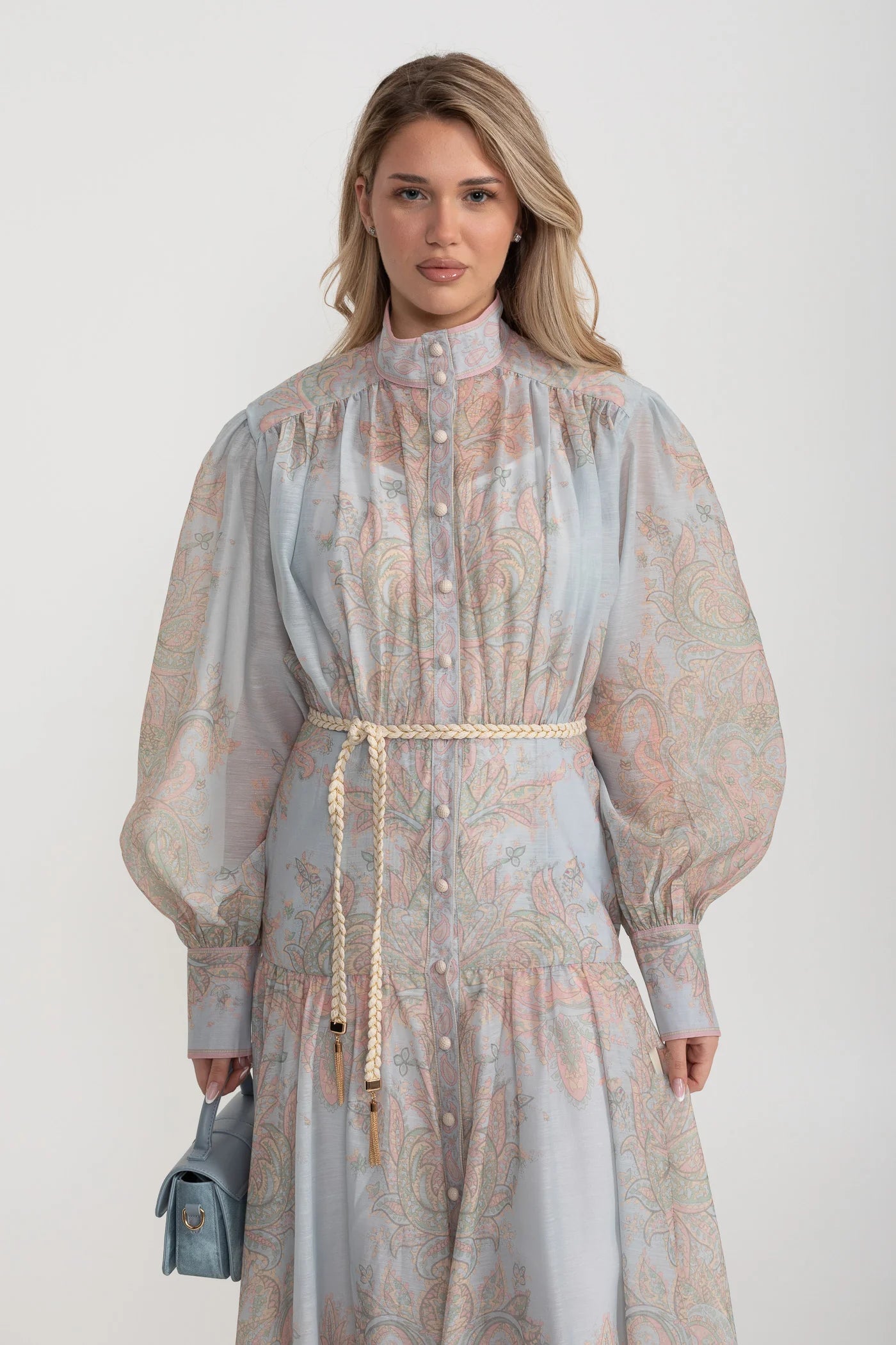 Paisley Print Button-Down Maxi Dress with Rope Belt – Soft Blue