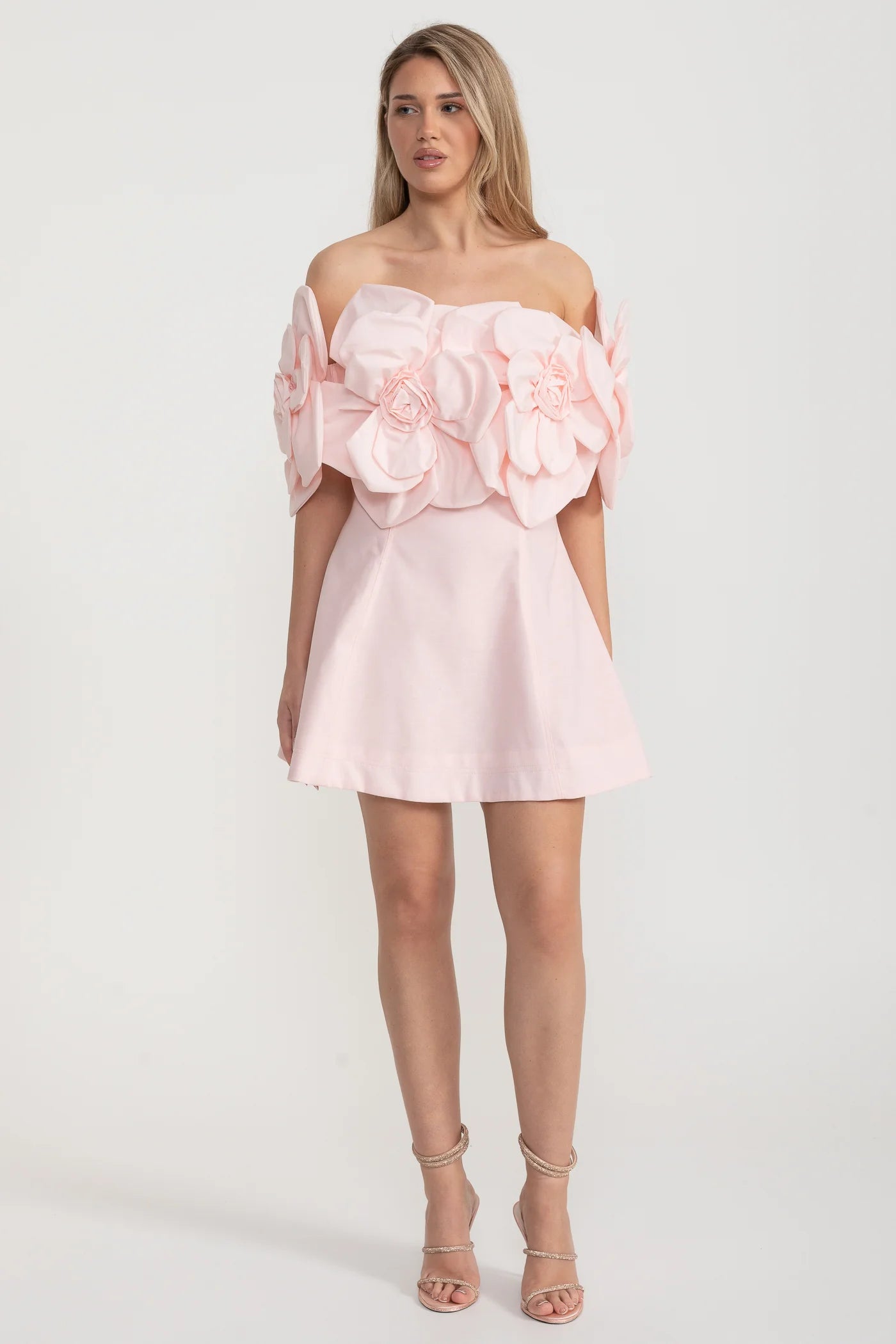 Off-Shoulder Mini Dress with Oversized Floral Appliqués - Pink