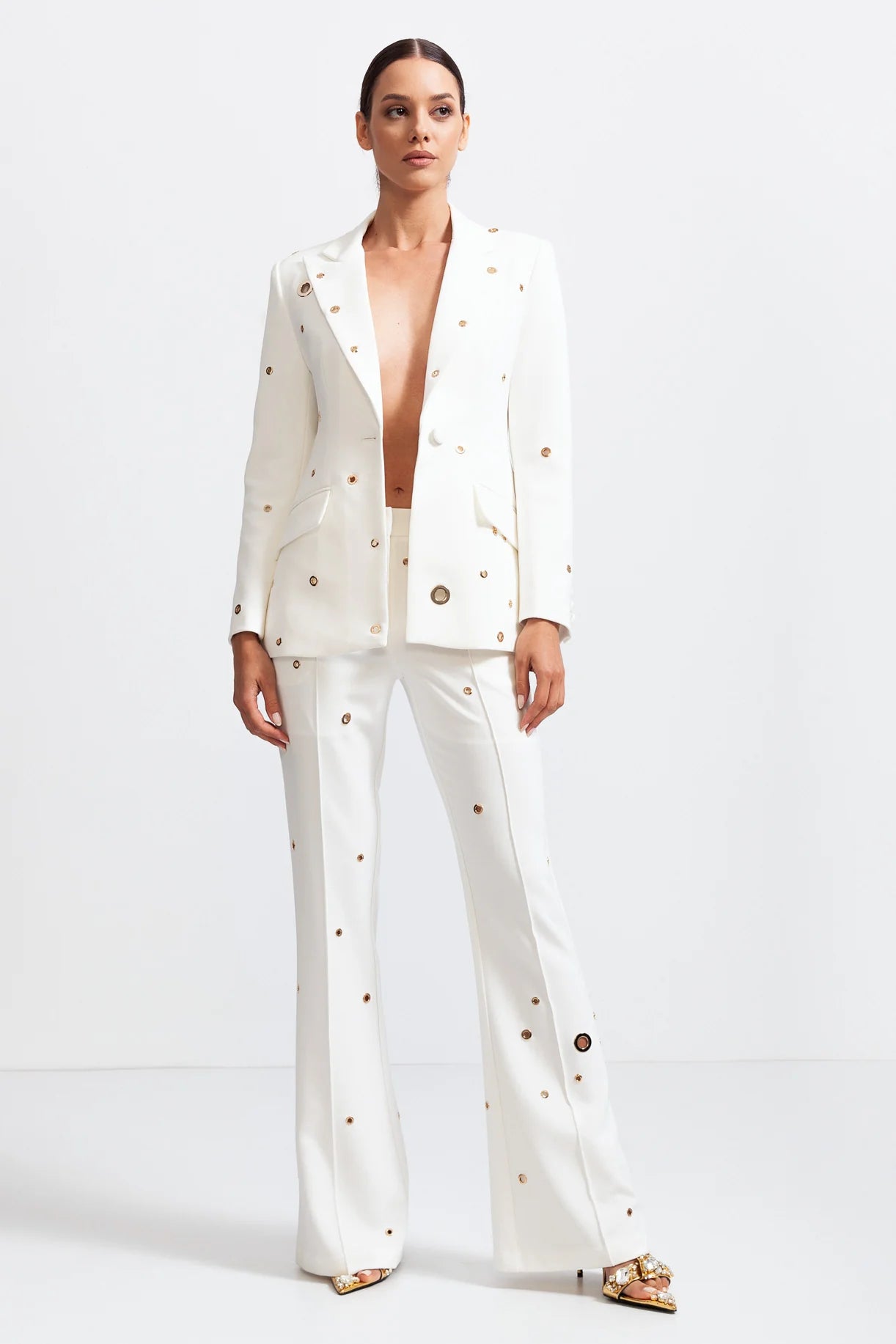 Elegant Two Piece Ensemble With Metallic Details - White