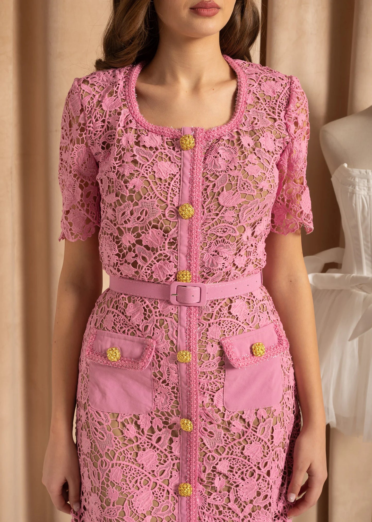 Exquisite Short Sleeve Lace Midi Dress - Rose