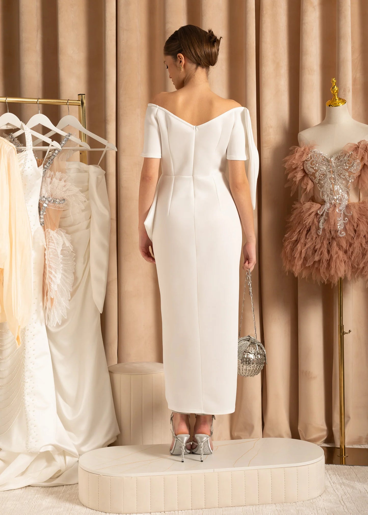 Strapless Midi Dress With Oversized Decorative Bow - White
